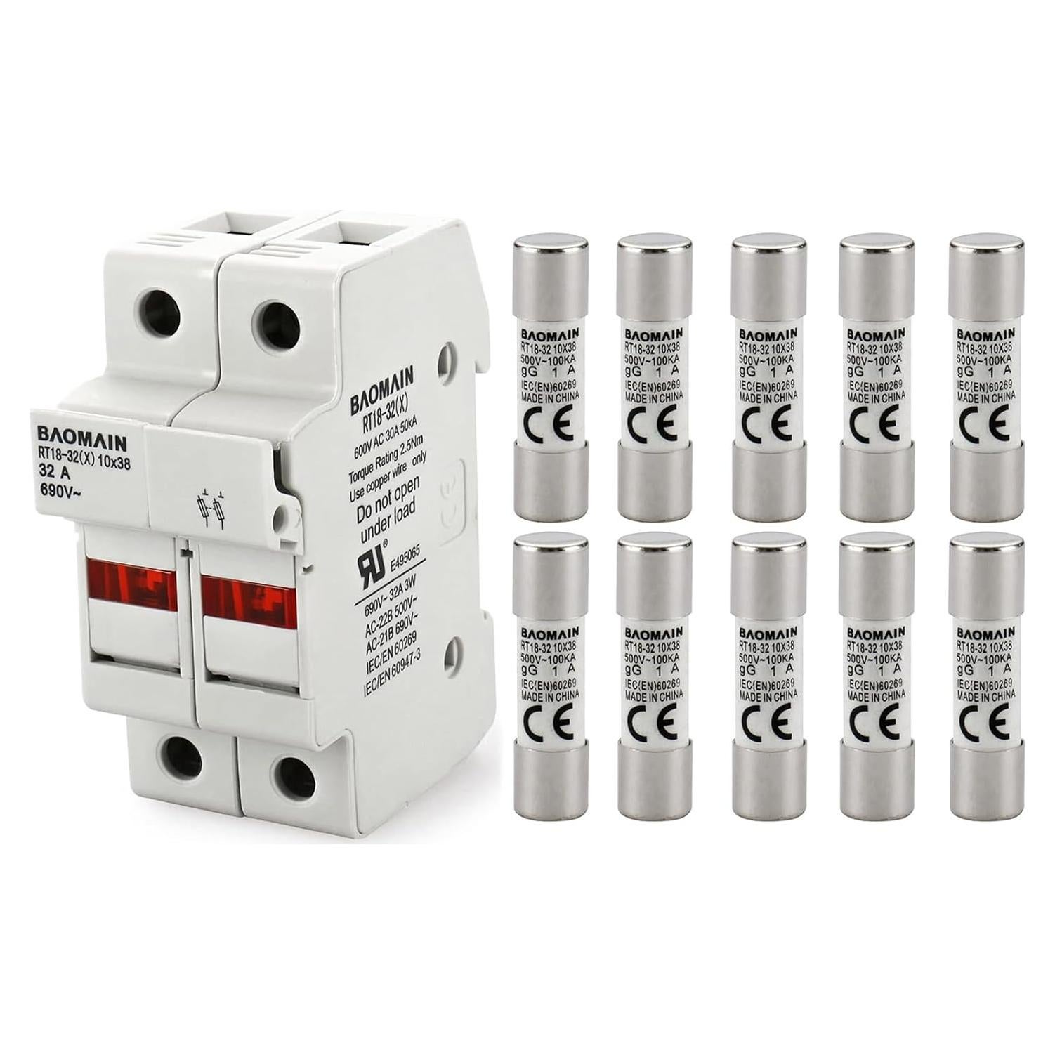 Portafusibles RT18-32 Baomain con 10 Fusibles Cerámicos 1A