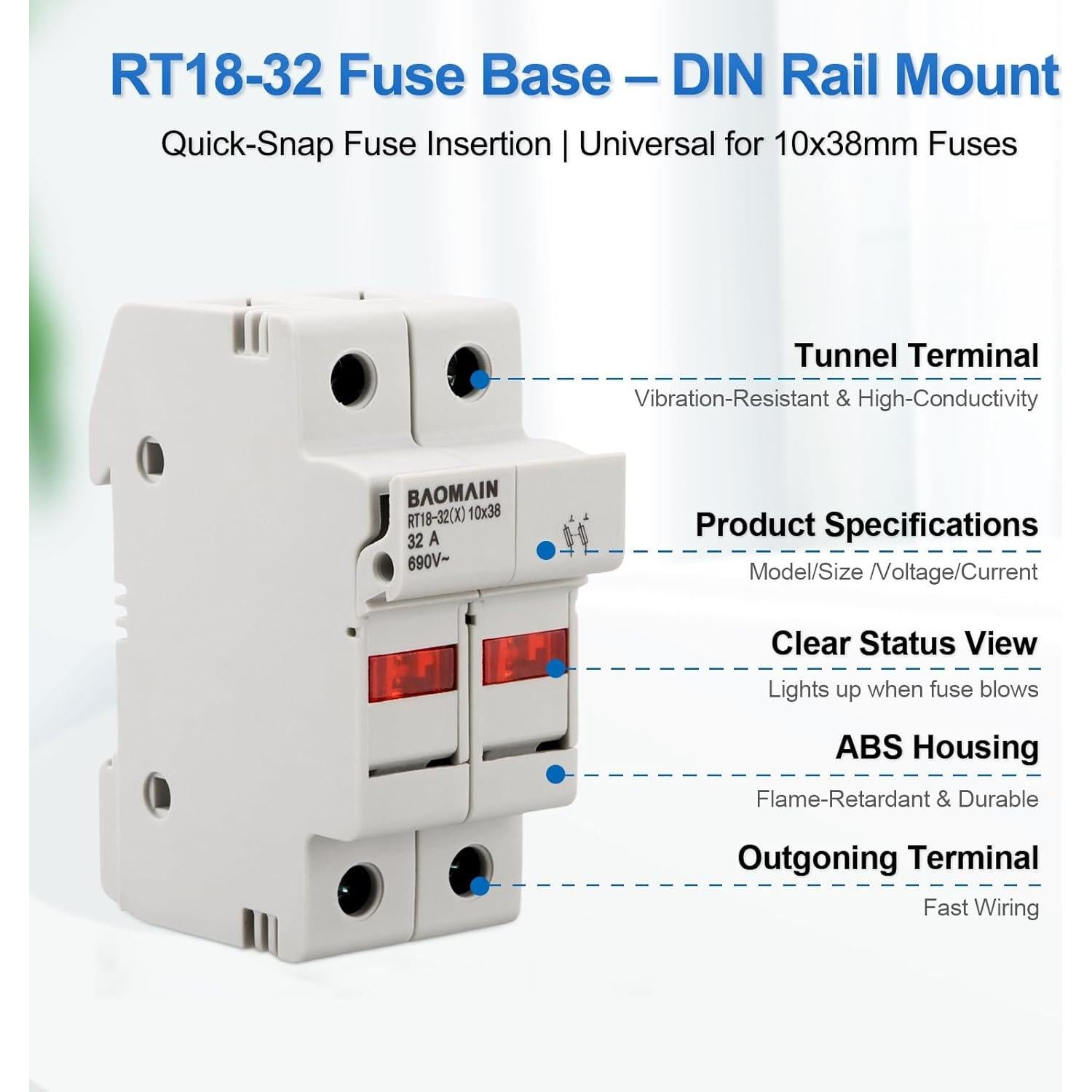Portafusibles RT18-32 Baomain con 10 Fusibles Cerámicos 1A
