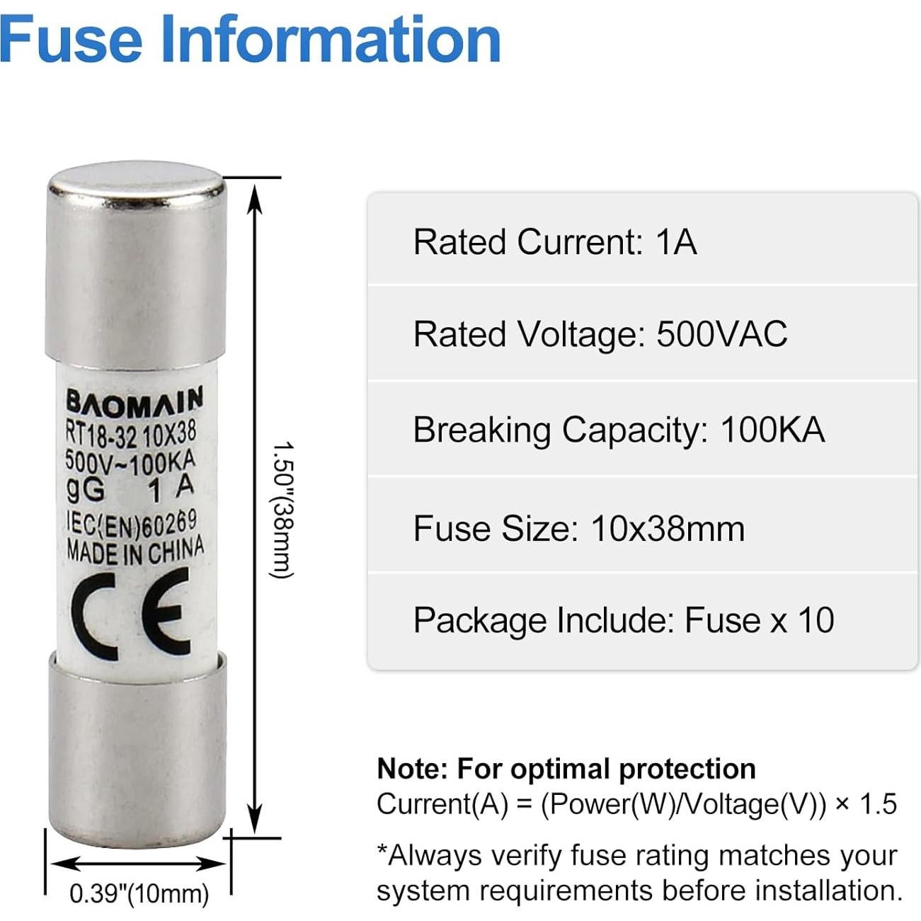 Portafusibles RT18-32 Baomain con 10 Fusibles Cerámicos 1A