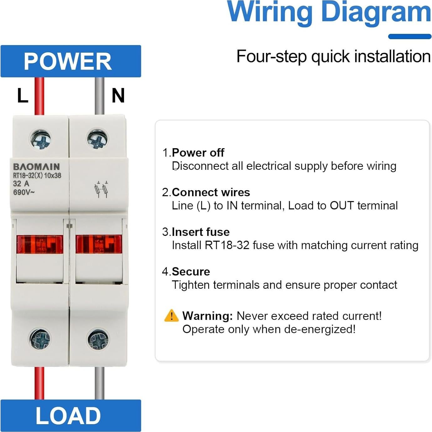 Portafusibles RT18-32 Baomain con 10 Fusibles Cerámicos 1A