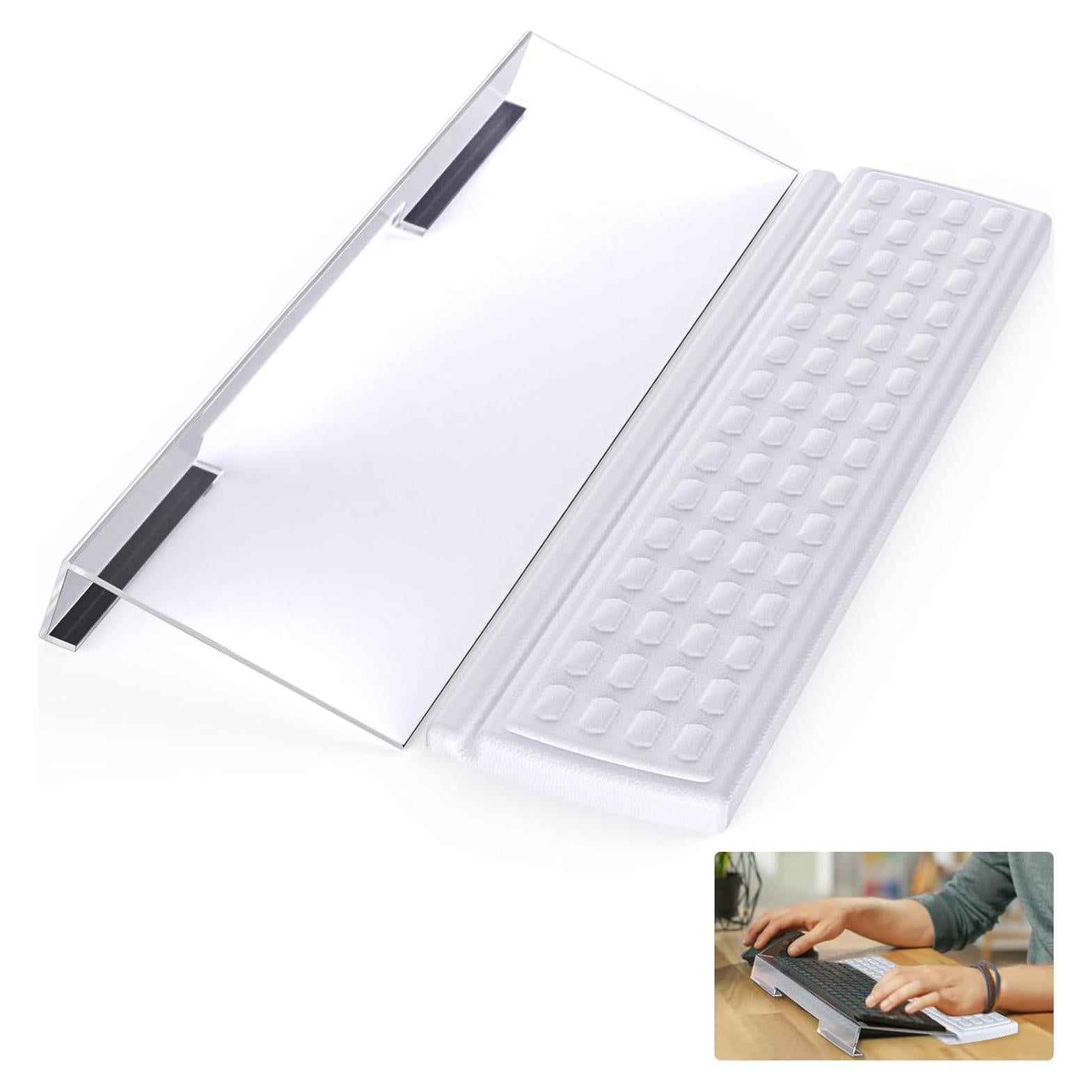 Acrylic Tilted Keyboard Holder - Clear, 3-Level Height Adjustment & Wrist Rest - White, Fits All Keyboard