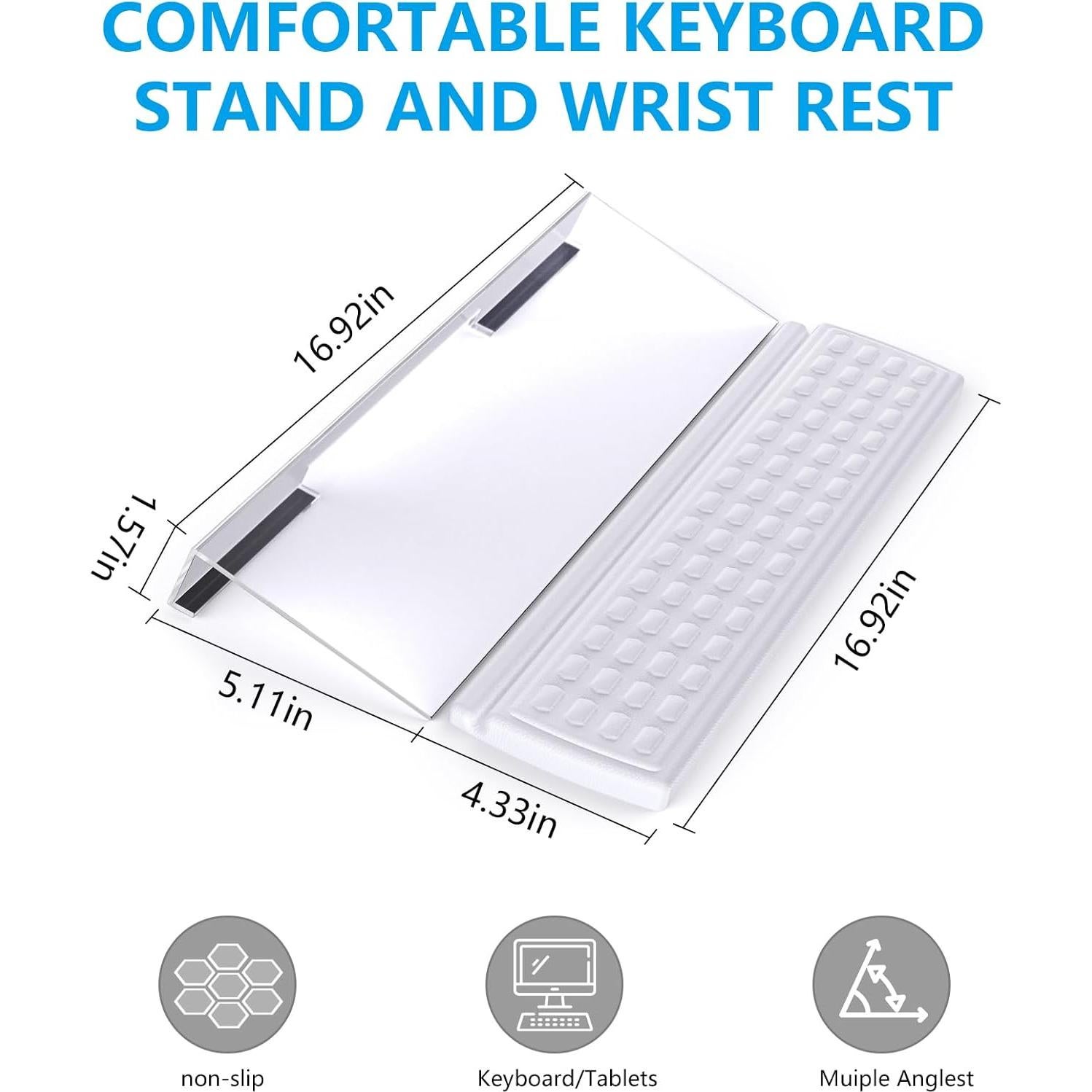 Acrylic Tilted Keyboard Holder - Clear, 3-Level Height Adjustment & Wrist Rest - White, Fits All Keyboard