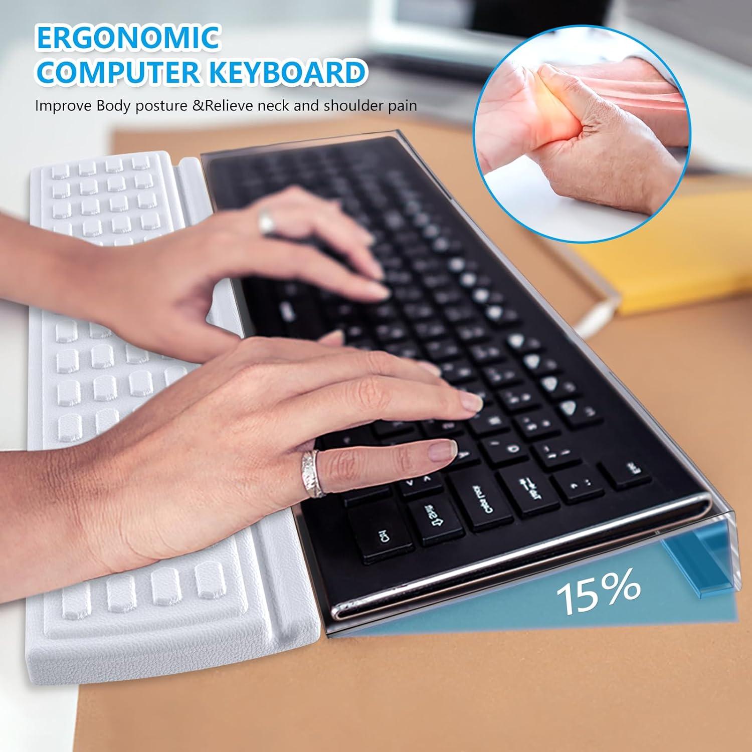 Acrylic Tilted Keyboard Holder - Clear, 3-Level Height Adjustment & Wrist Rest - White, Fits All Keyboard