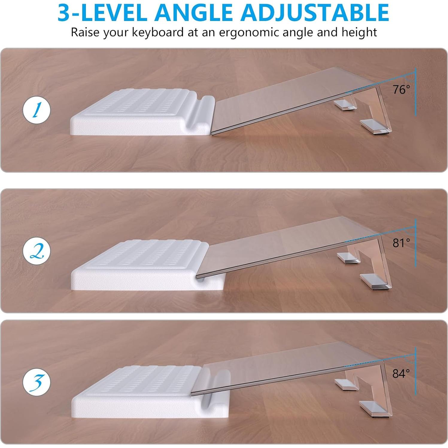 Acrylic Tilted Keyboard Holder - Clear, 3-Level Height Adjustment & Wrist Rest - White, Fits All Keyboard