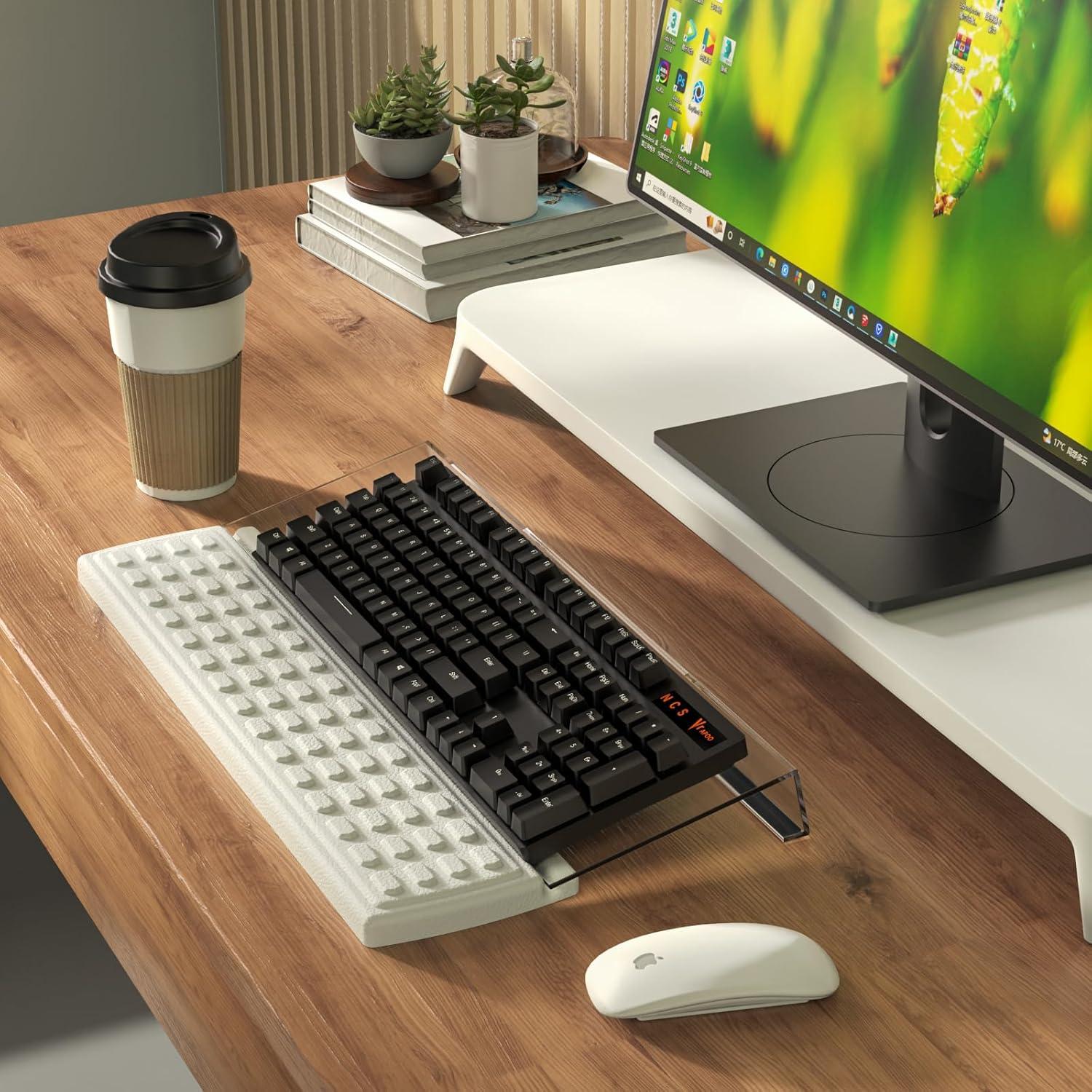 Acrylic Tilted Keyboard Holder - Clear, 3-Level Height Adjustment & Wrist Rest - White, Fits All Keyboard