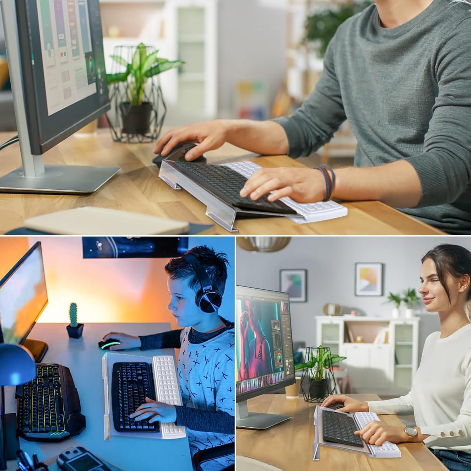 Acrylic Tilted Keyboard Holder - Clear, 3-Level Height Adjustment & Wrist Rest - White, Fits All Keyboard