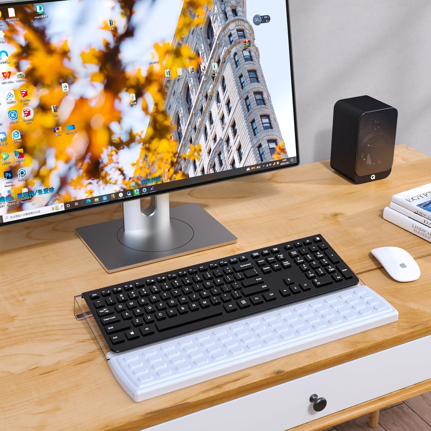 Acrylic Tilted Keyboard Holder - Clear, 3-Level Height Adjustment & Wrist Rest - White, Fits All Keyboard