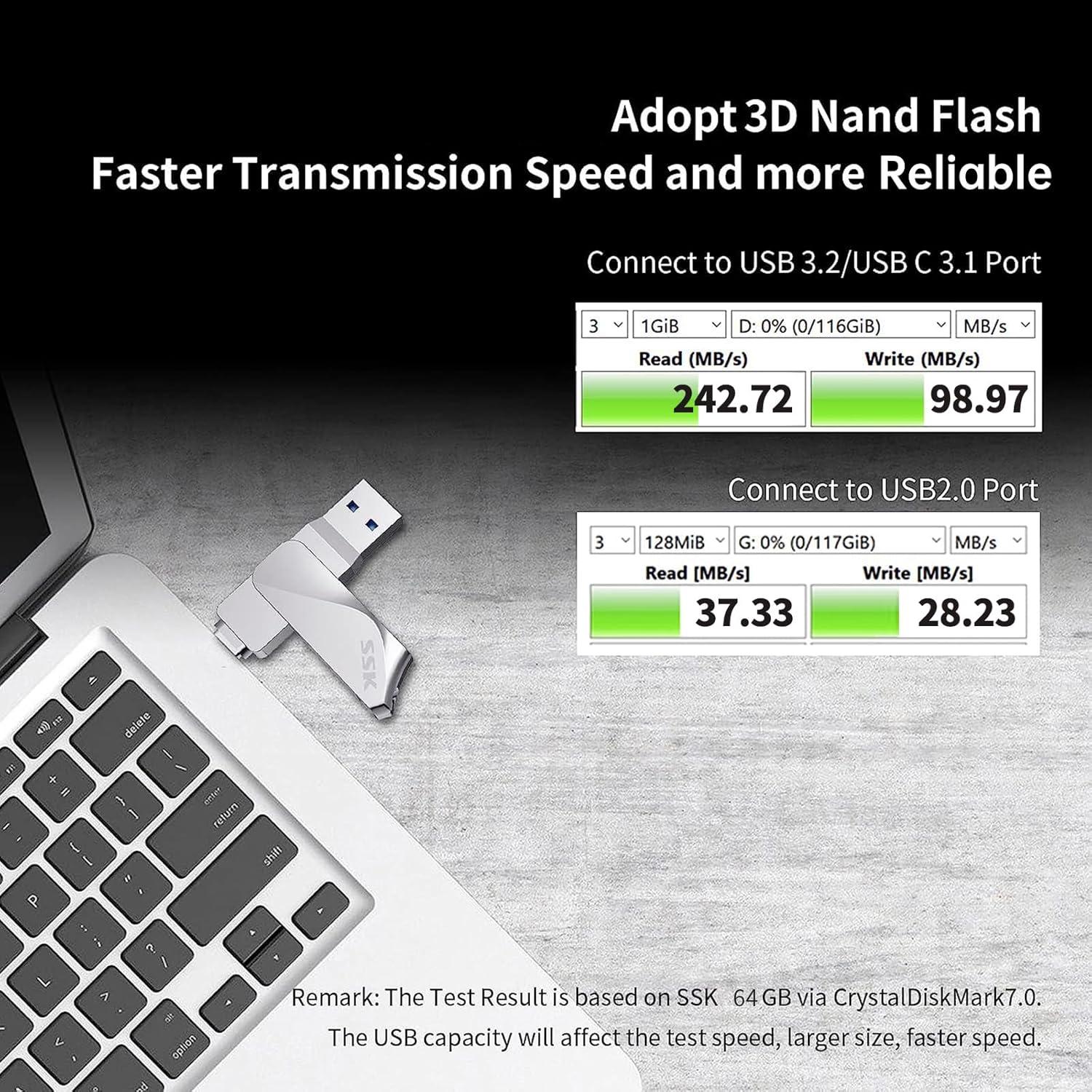 SSK 64GB Unidad Flash USB C y USB A 3.2 Velocidad 200MB/s