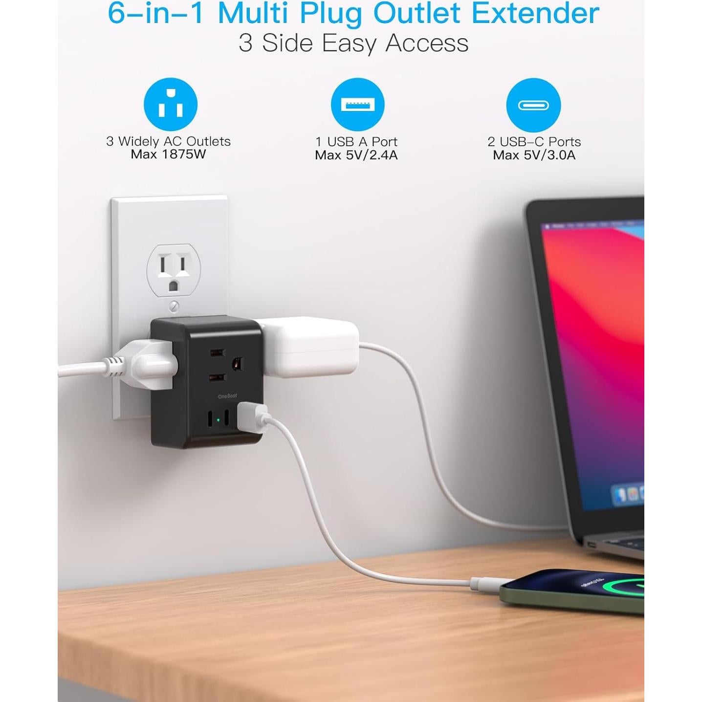 Extensor de Enchufe Múltiple One Beat 3 Salidas + 2 USB C Negro