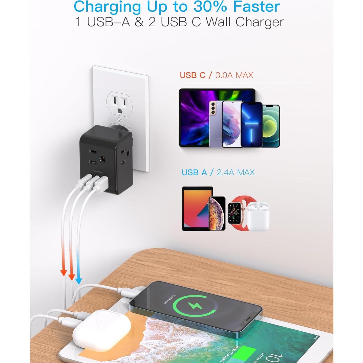 Extensor de Enchufe Múltiple One Beat 3 Salidas + 2 USB C Negro