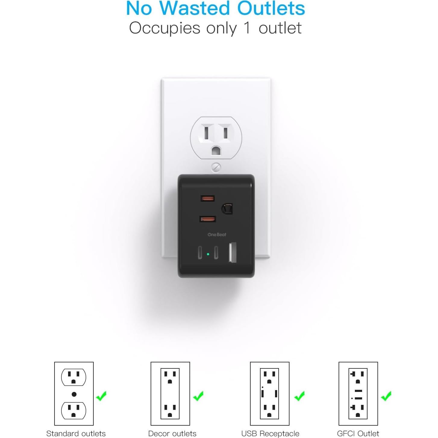 Extensor de Enchufe Múltiple One Beat 3 Salidas + 2 USB C Negro