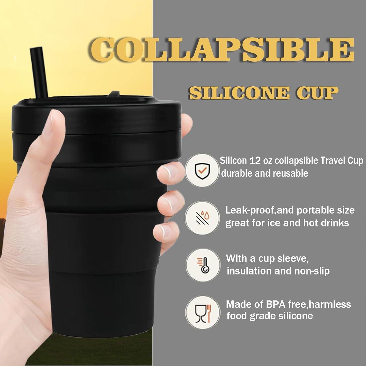 Taza de viaje colapsable Venwalk 350ml silicona negra