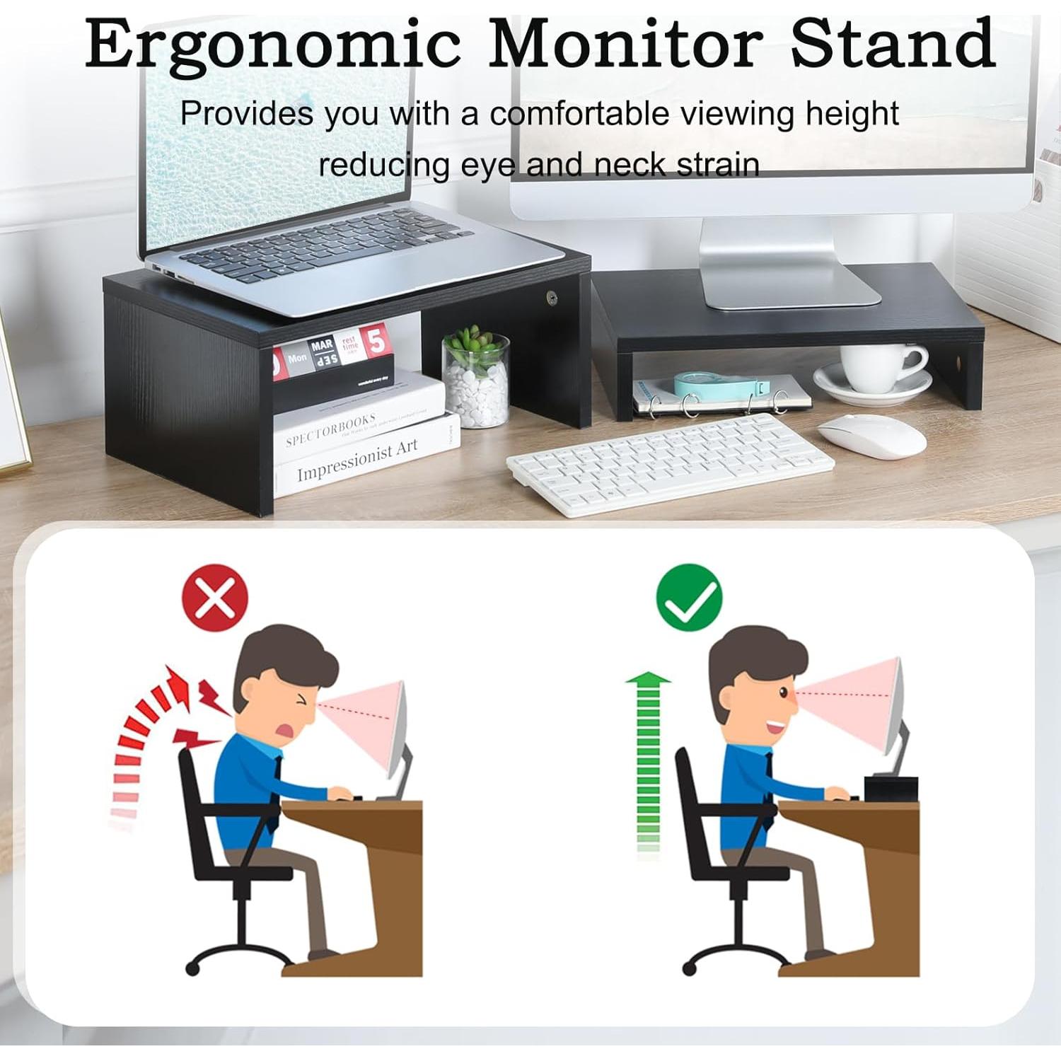 TEAMIX 2 Pack Black Monitor Stand Riser, Wood 2 Tier Adjustable Stand for 2 Monitors/Laptop/PC