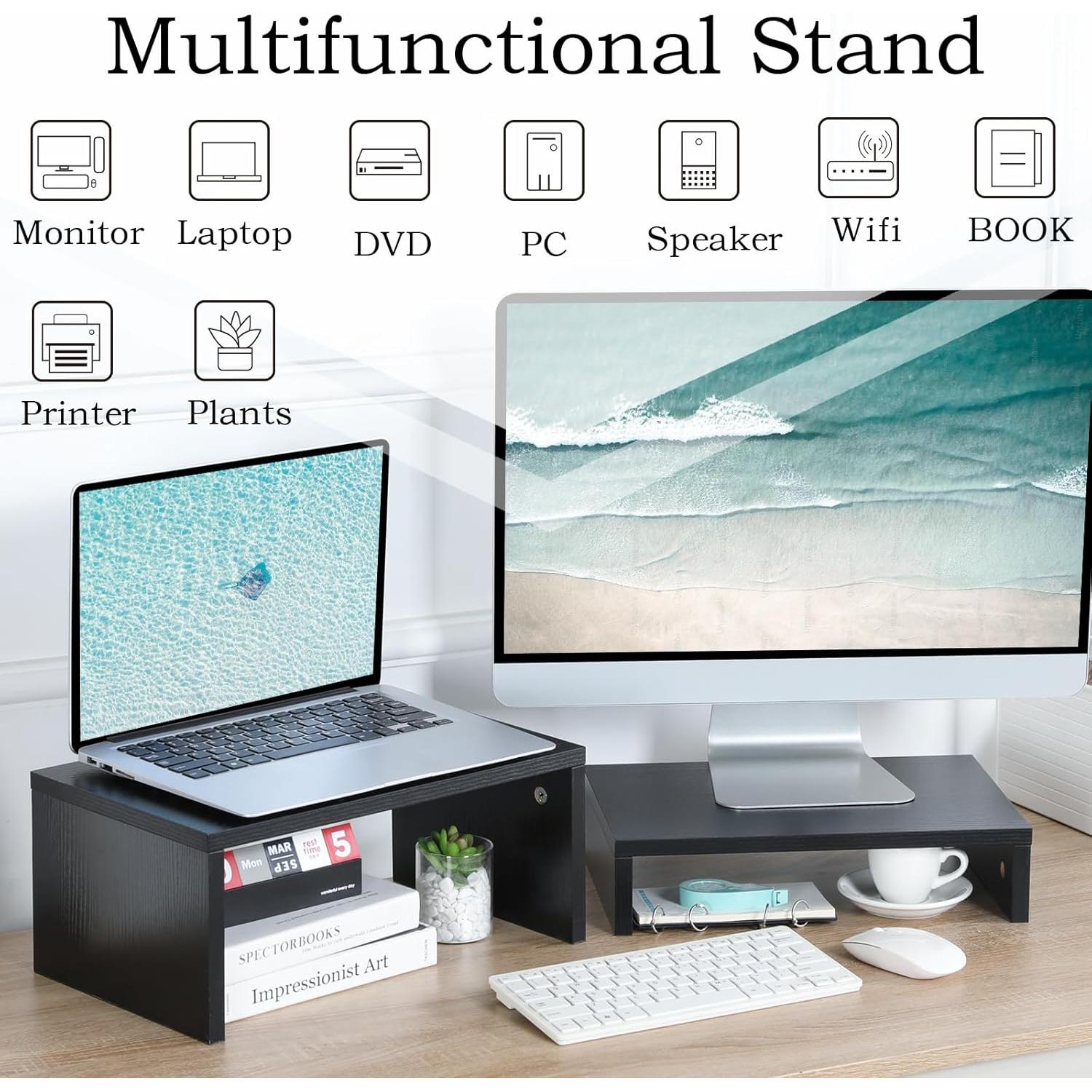 TEAMIX 2 Pack Black Monitor Stand Riser, Wood 2 Tier Adjustable Stand for 2 Monitors/Laptop/PC