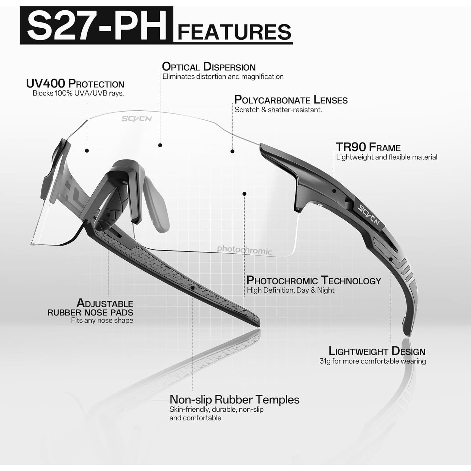 Gafas de Ciclismo Fotoquímicas SCVCN UV400 Marco Negro