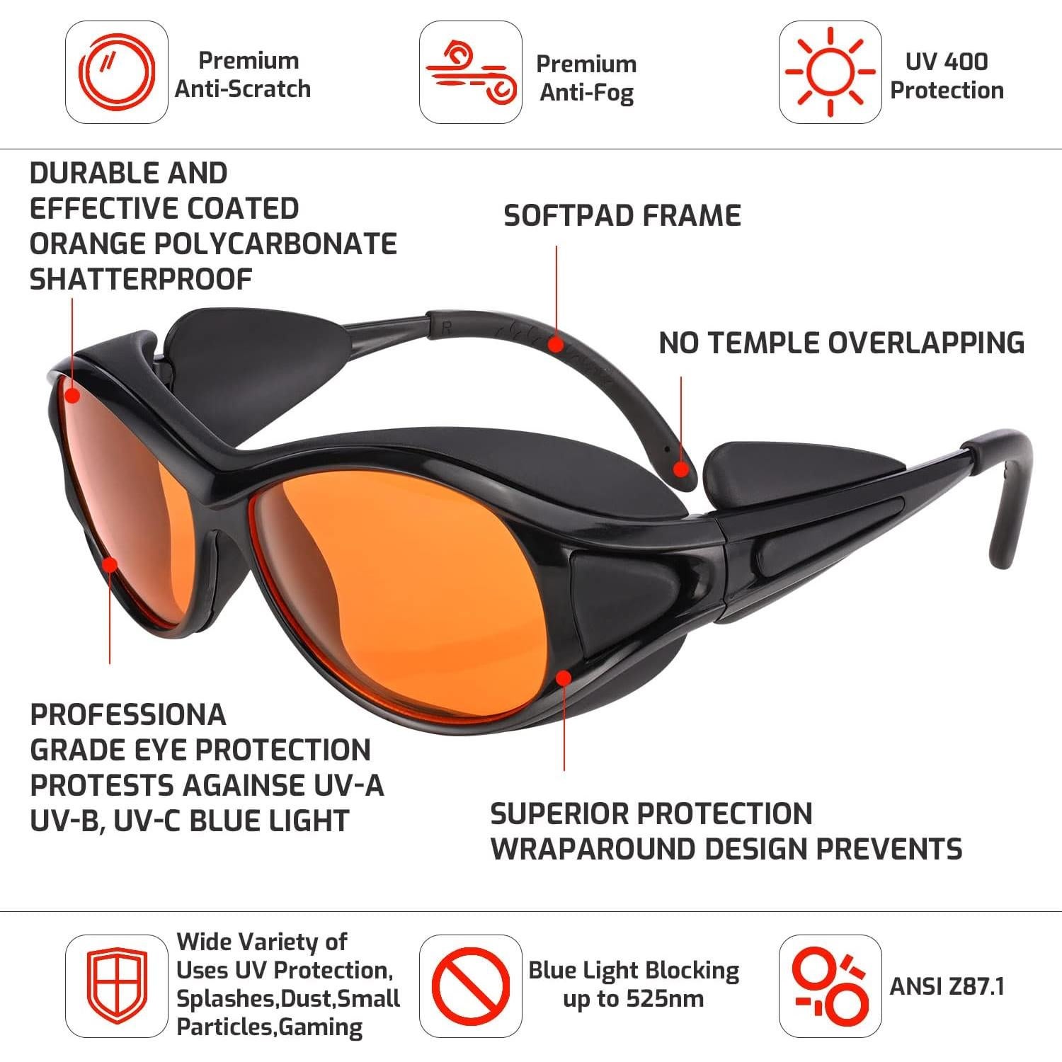 Gafas de Seguridad UV Profesionales Ffj-02, Lentes Naranjas Anti-vaho