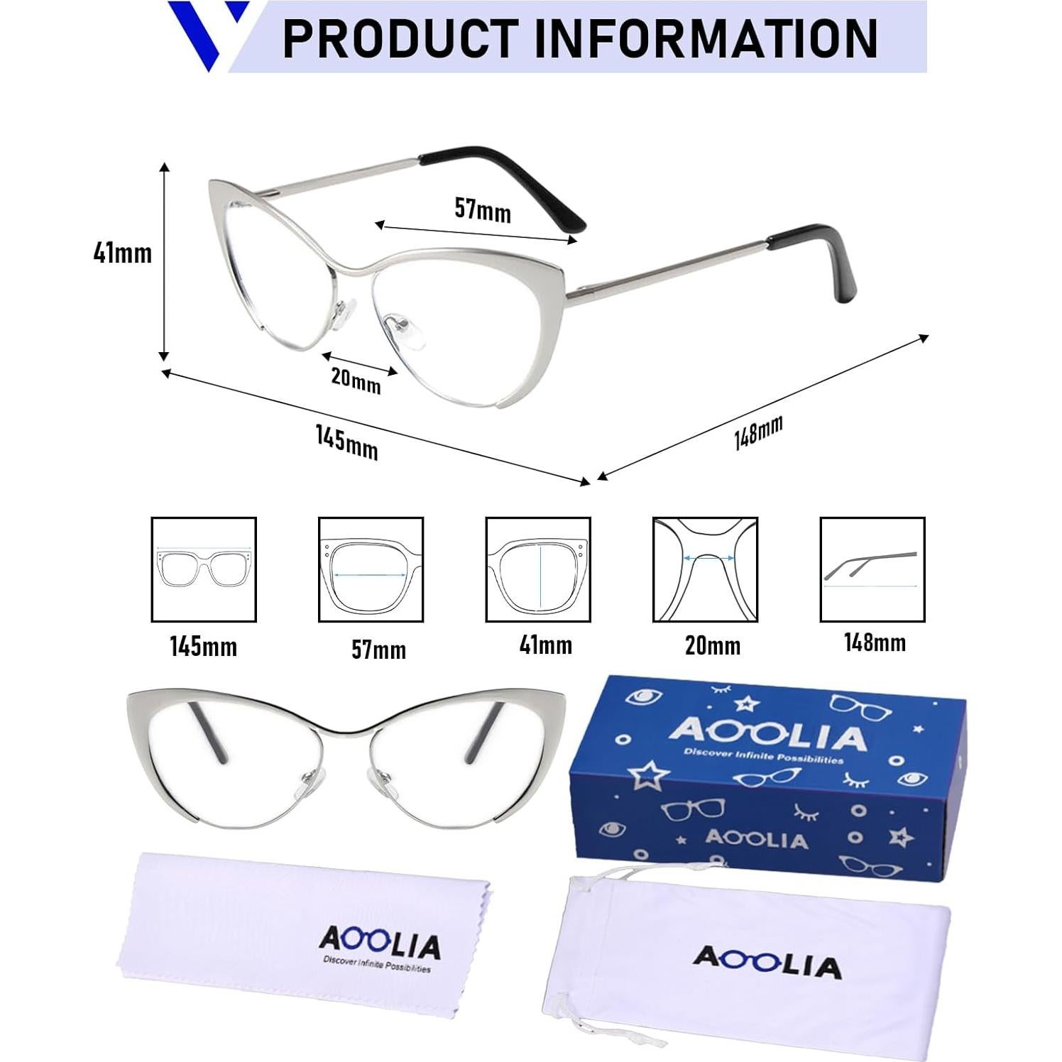 Gafas Cat Eye AOOLIA para Mujeres, Montura Metal Multicolor