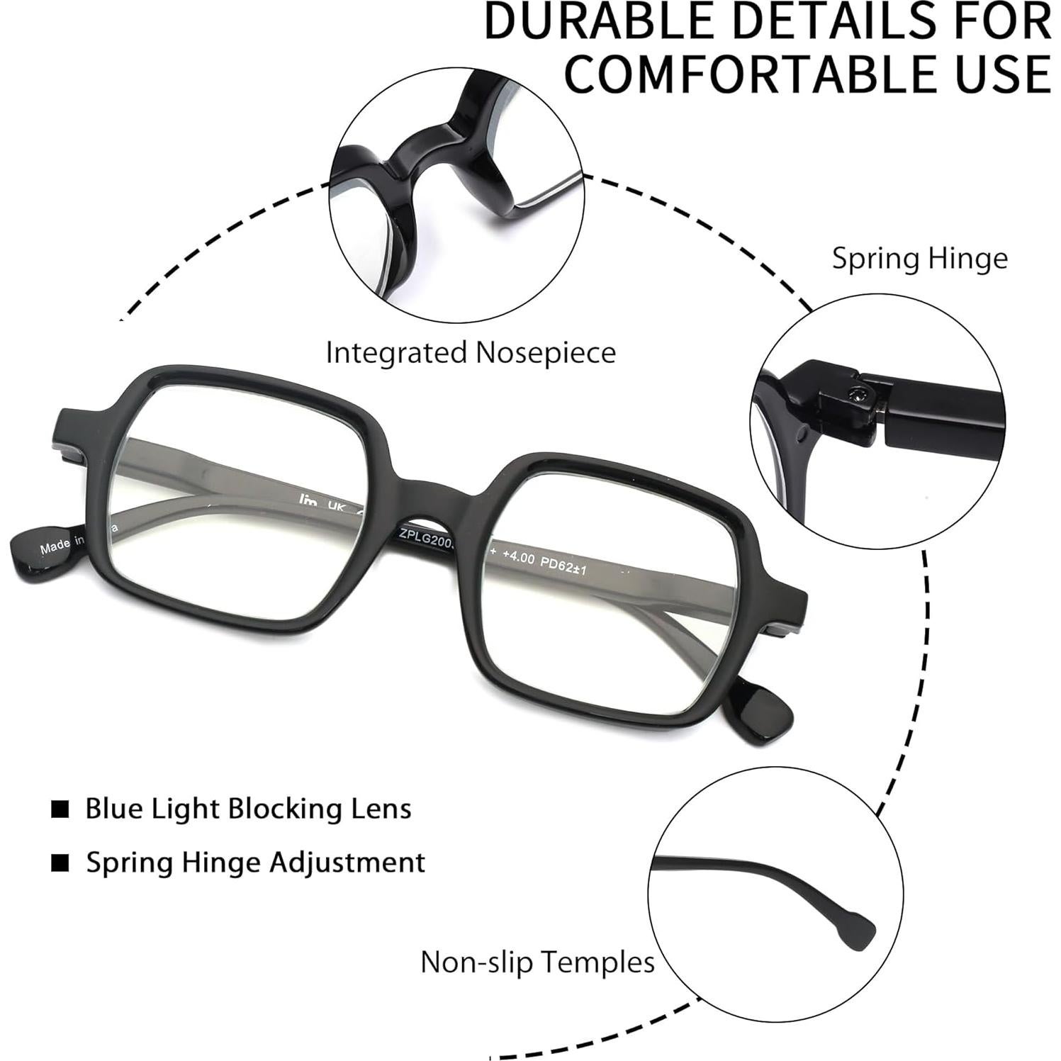 Gafas de Lectura Cuadradas JM 4 Paquete Bloqueo Luz Azul 1.25x