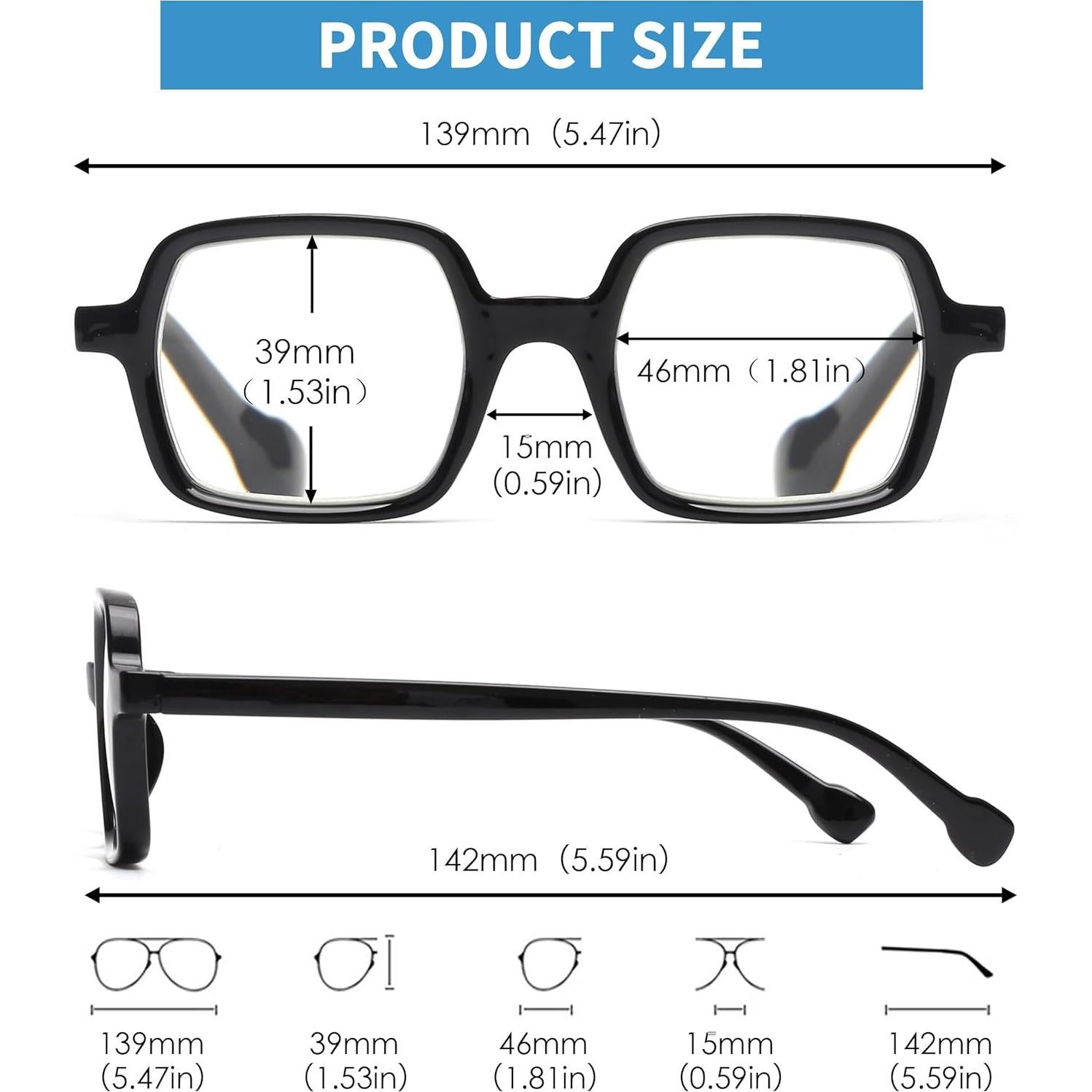 Gafas de Lectura Cuadradas JM 4 Paquete Bloqueo Luz Azul 1.25x