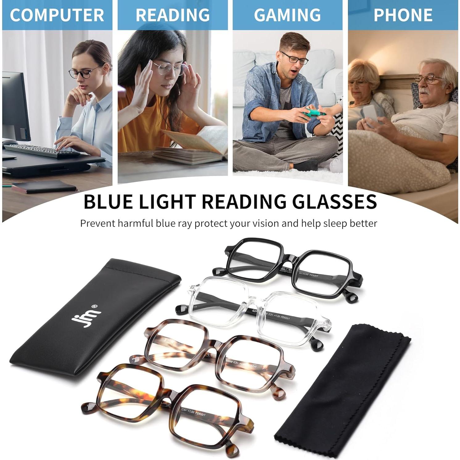 Gafas de Lectura Cuadradas JM 4 Paquete Bloqueo Luz Azul 1.25x