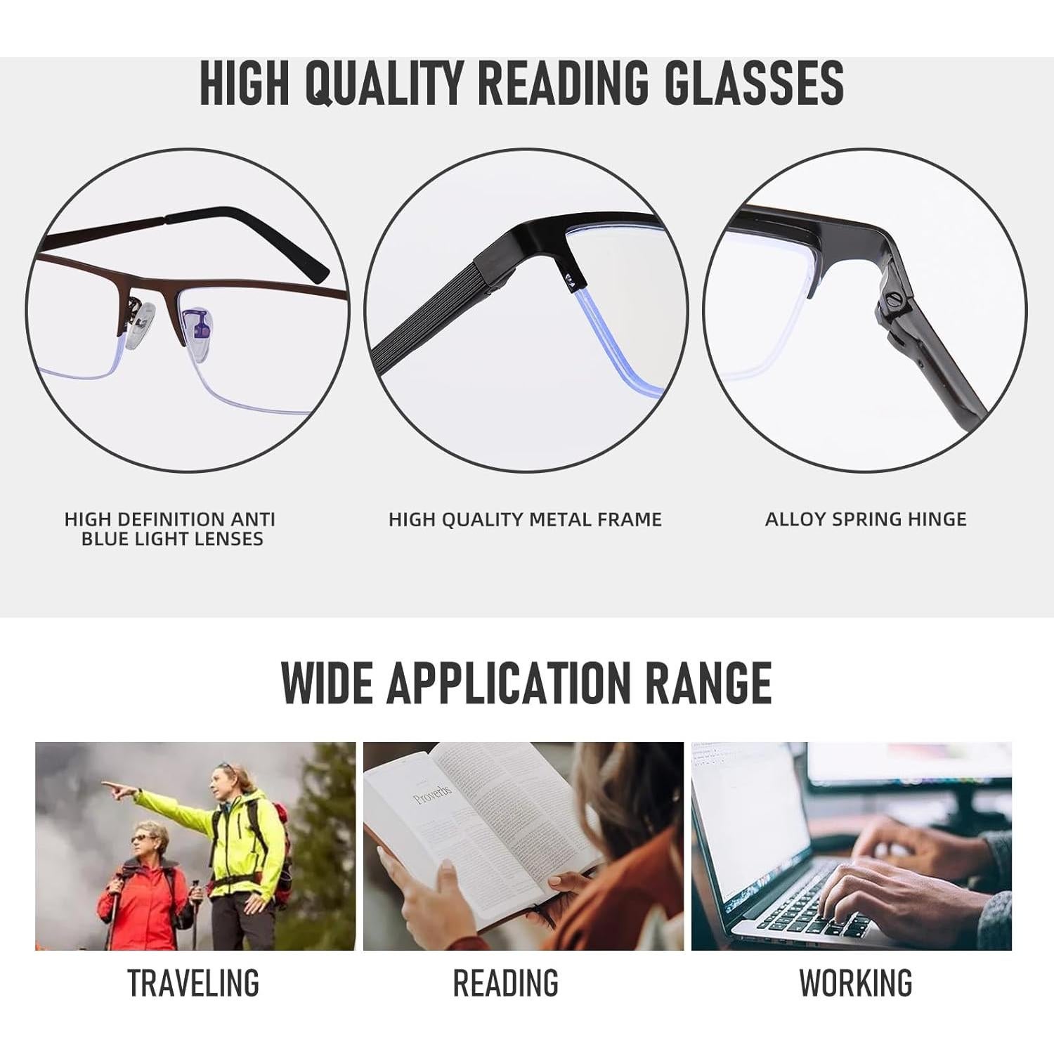 Gafas de lectura Anourney 3-Pack Hombres Metal Ligero 1.0x