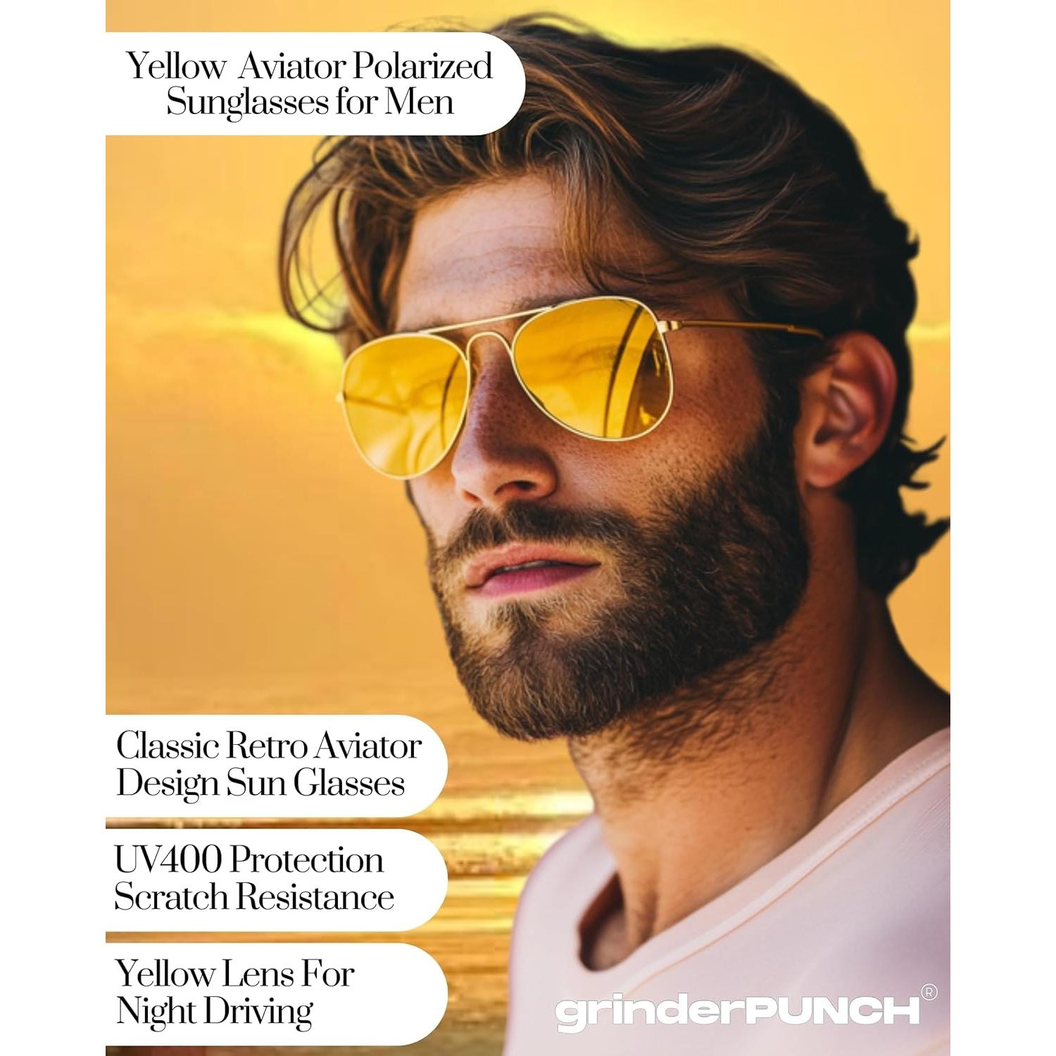 Gafas de Sol Unisex Aviador grinderPUNCH - Marco Dorado y Lentes Amarillas UV400