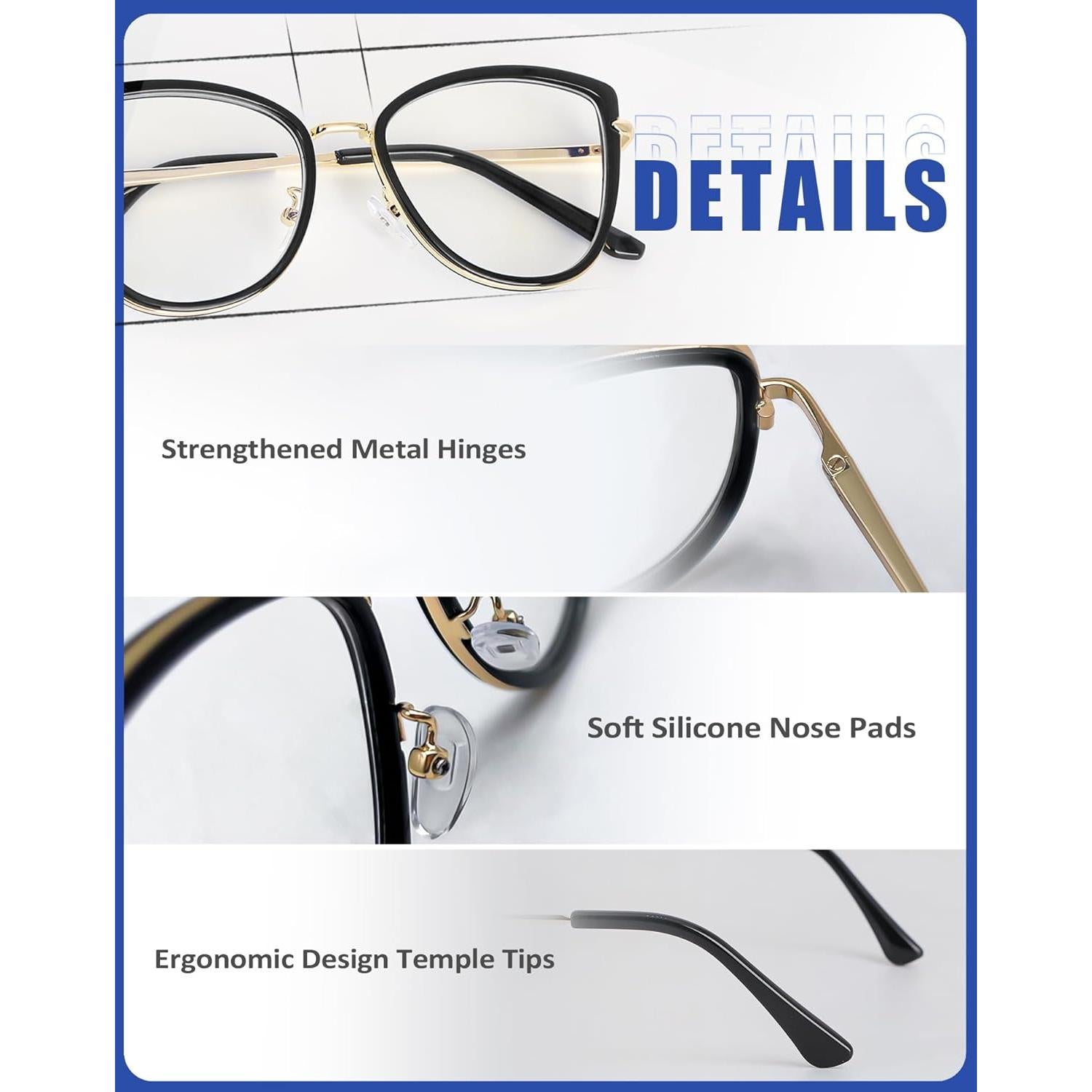 Gafas de Luz Azul ROWCHIC Ojo de Gato para Mujeres - Negros/Dorados