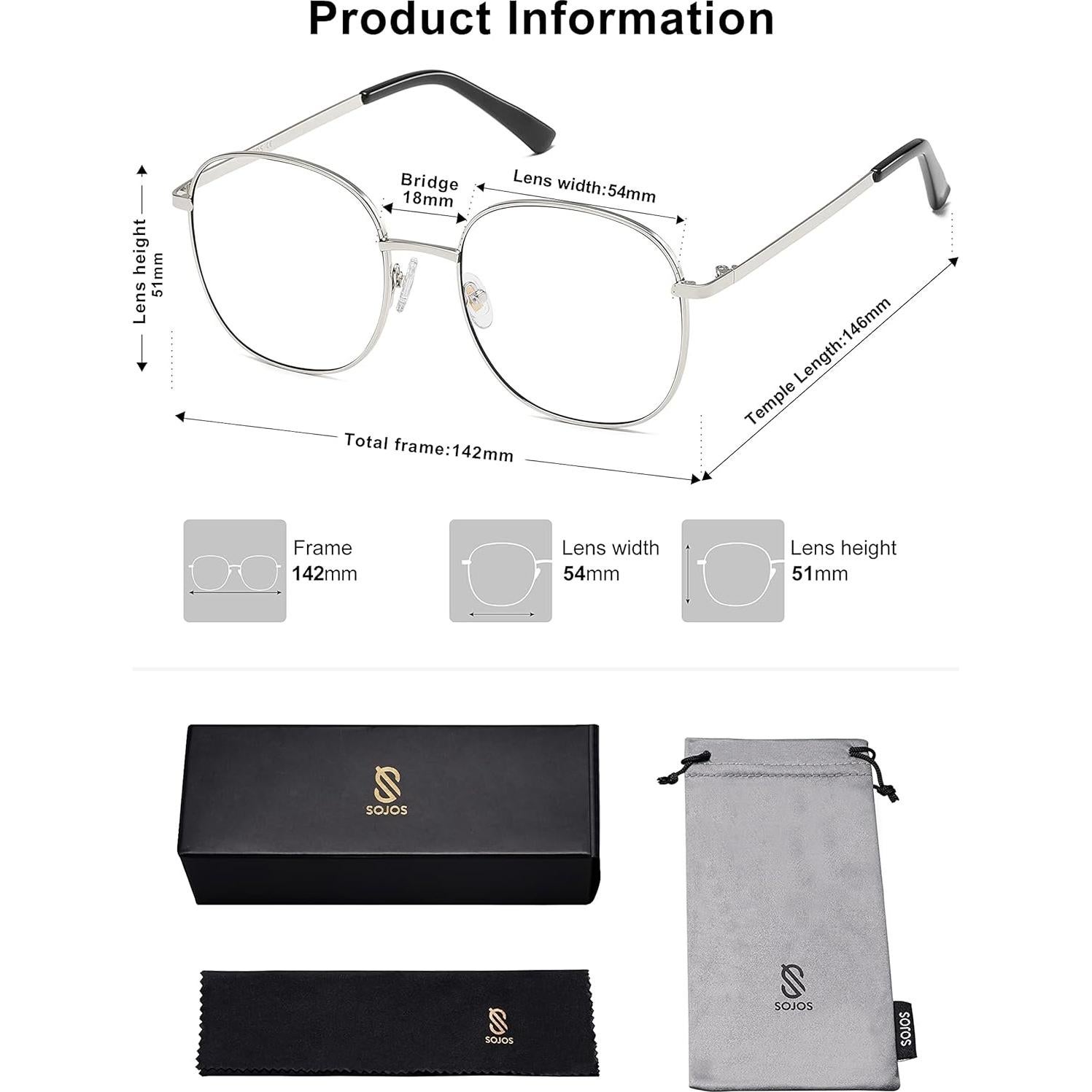 Gafas Cuadradas SOJOS SJ1137 Bloqueo Luz Azul Plata 54mm