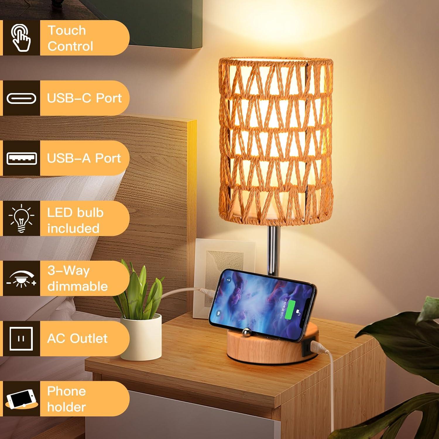 Lámpara de Mesa Boho Plomixius TL828 con Carga USB y LED