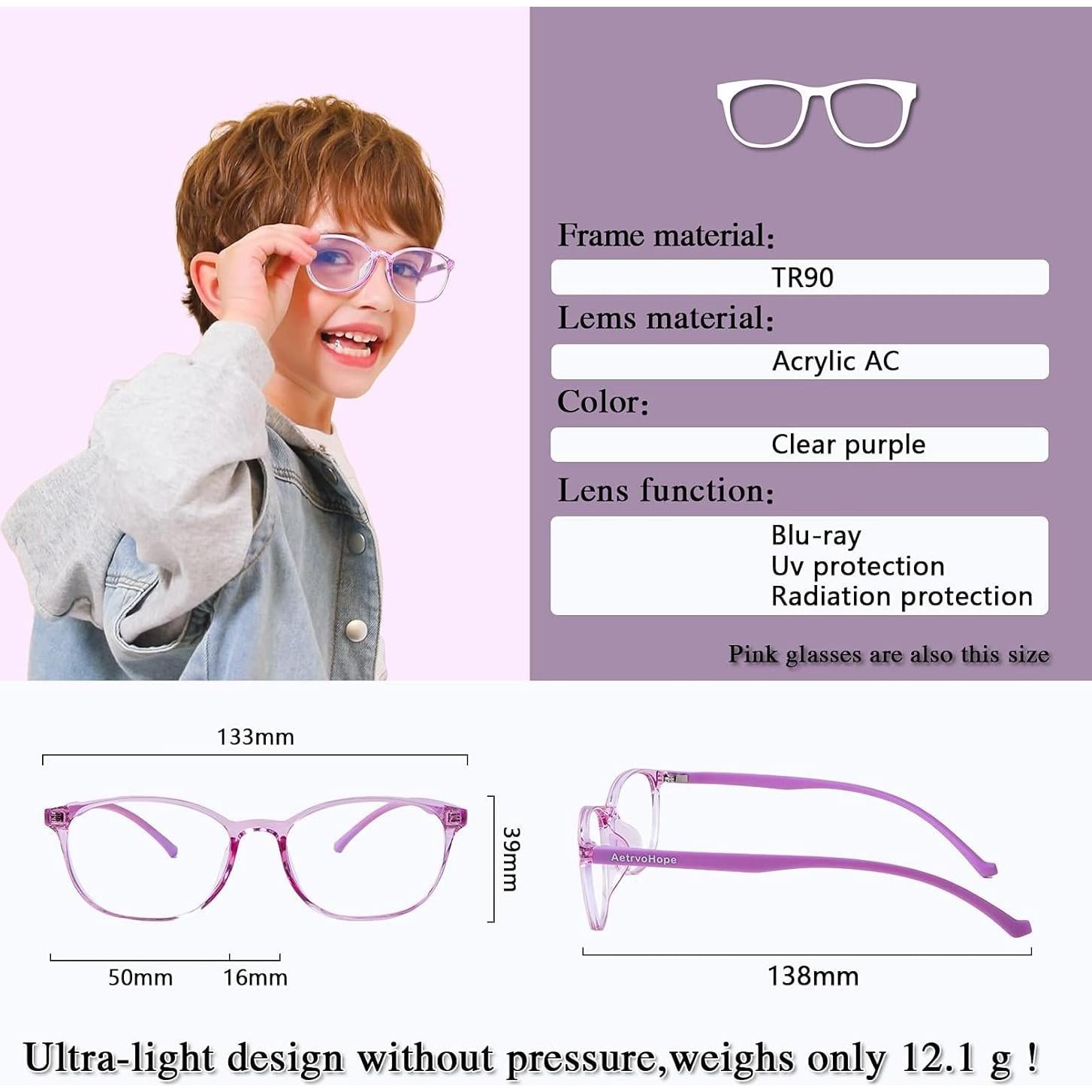 Gafas Anti Luz Azul AetrvoHope para Niños UV400 Rosa Claro