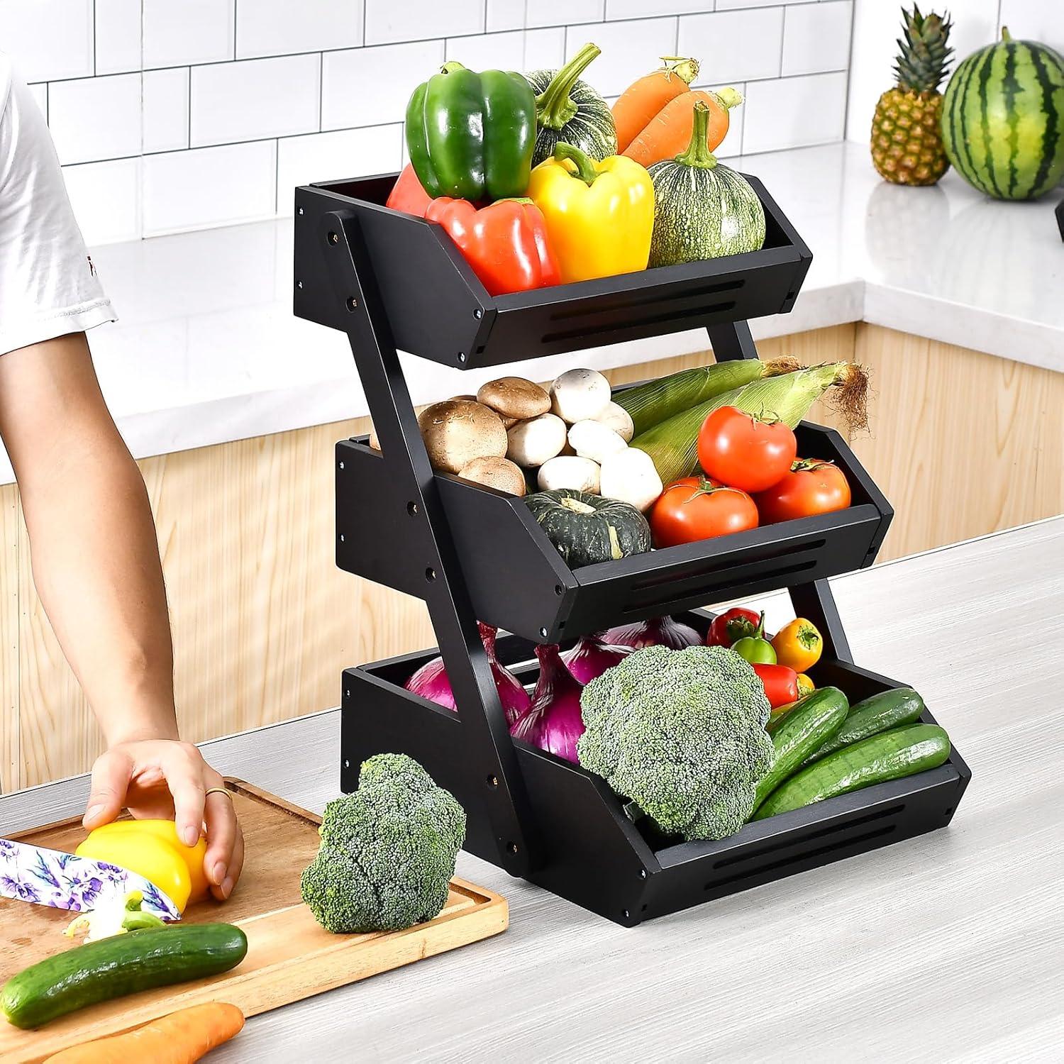 Cesta de Frutas 3 Niveles VIKEYHOME de Bambú Natural 41.1 cm