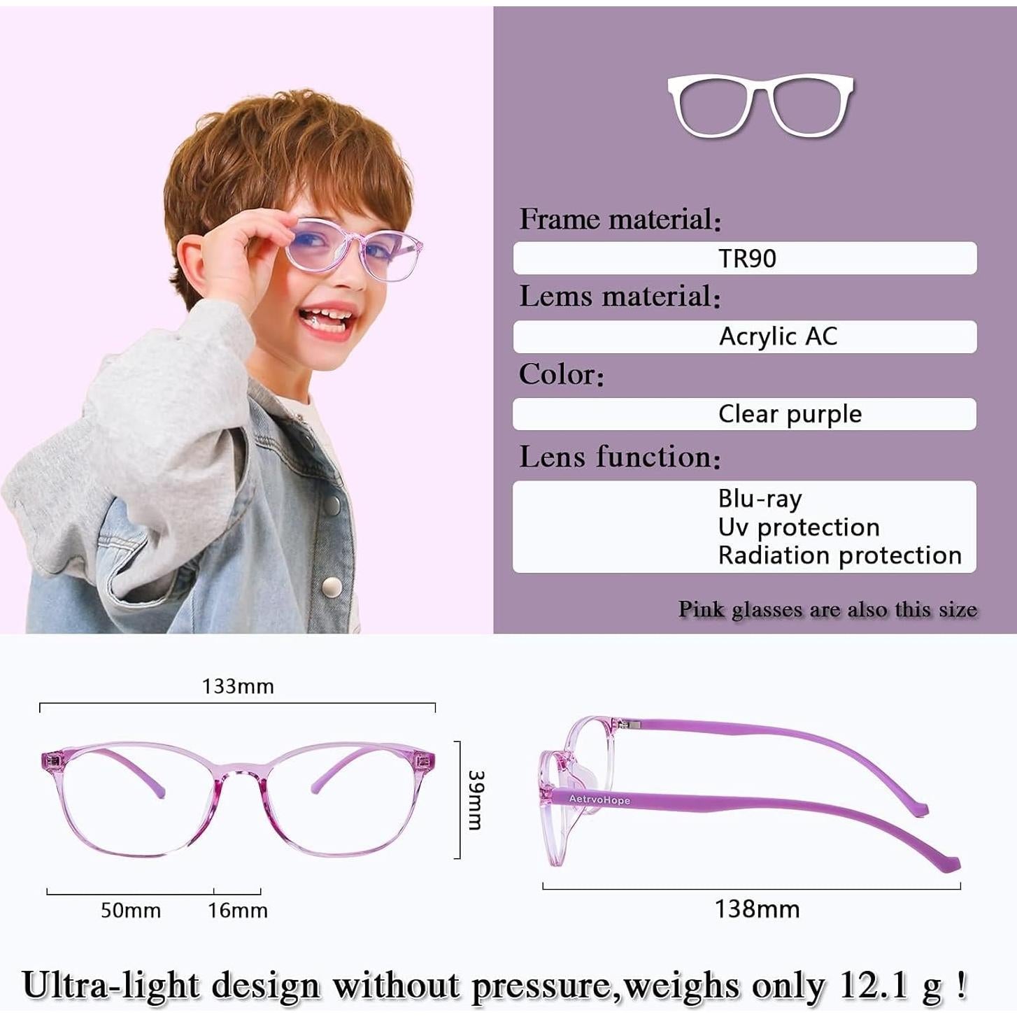 Gafas de luz azul para niños y adolescentes Morado Claro UV400