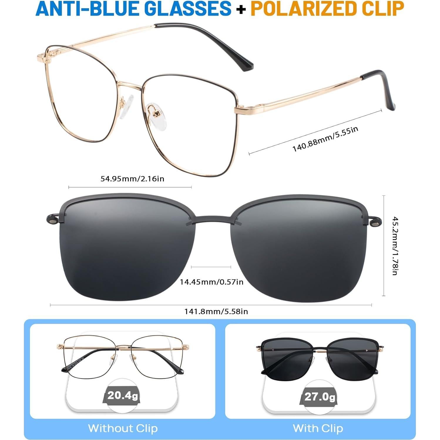 Gafas de Luz Azul y Sol Polarizadas para Mujeres con Clip Magnético