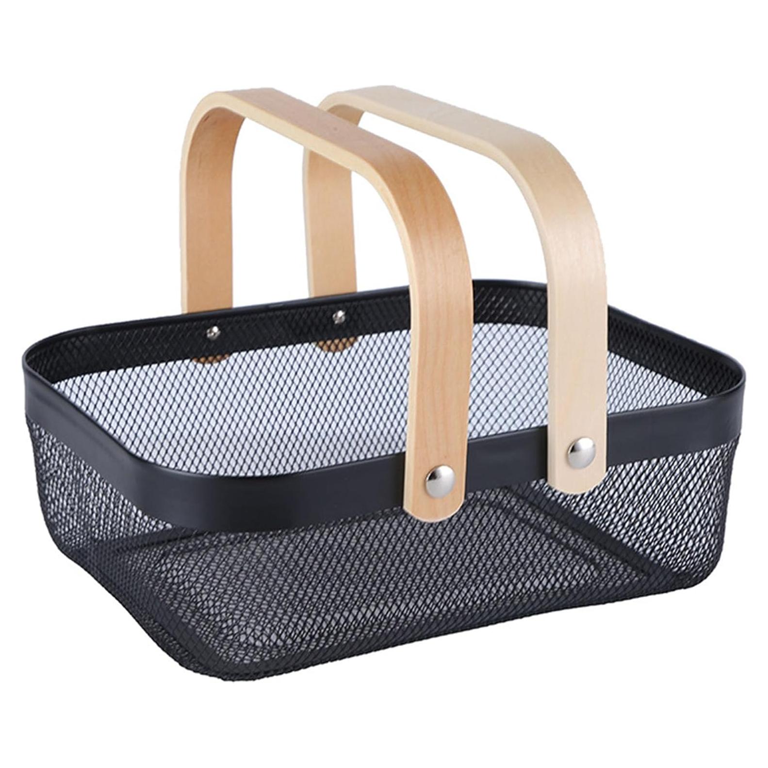Cesta Organizadora de Metal AJIODA con Mango de Madera Negra 32x24.5x11 cm