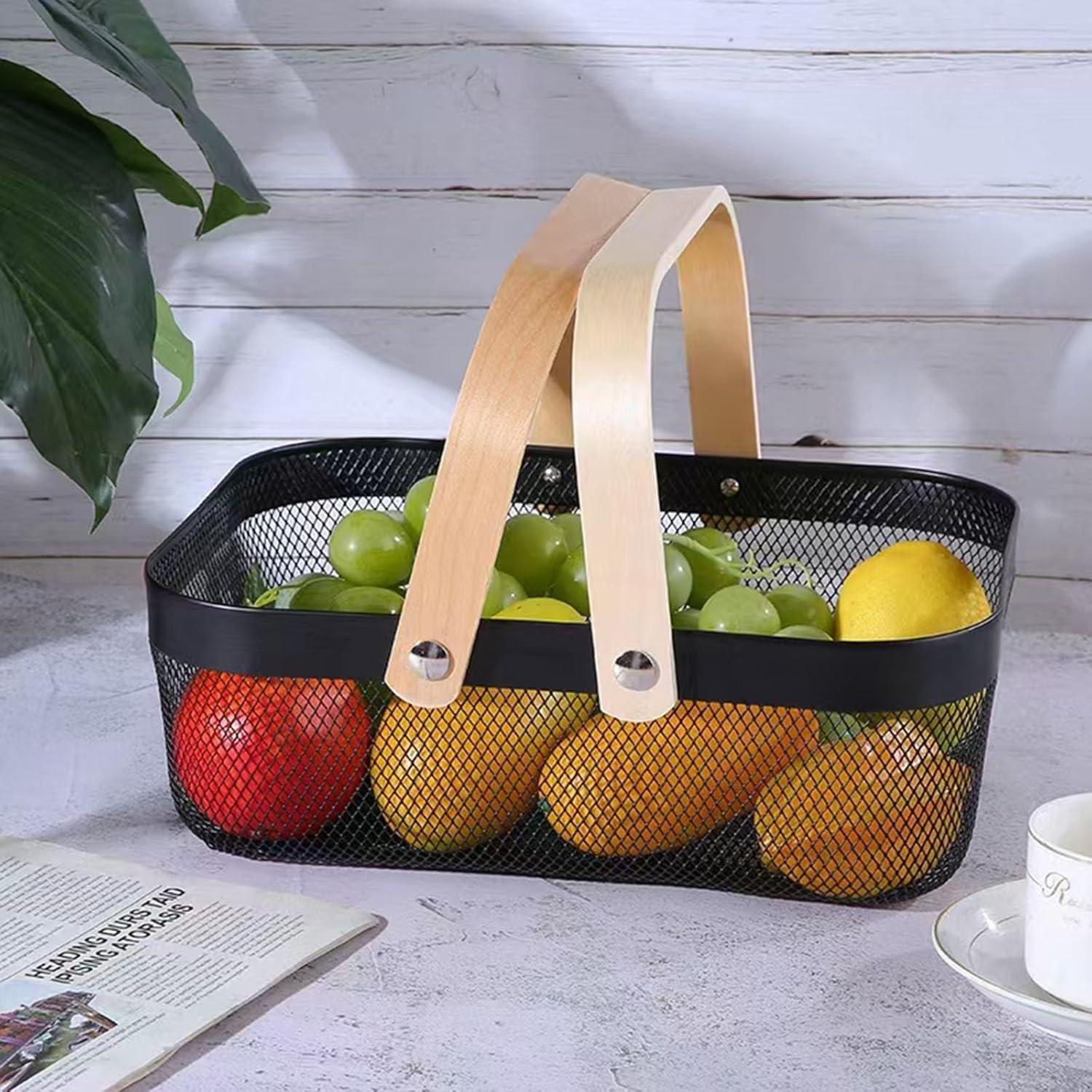 Cesta Organizadora de Metal AJIODA con Mango de Madera Negra 32x24.5x11 cm
