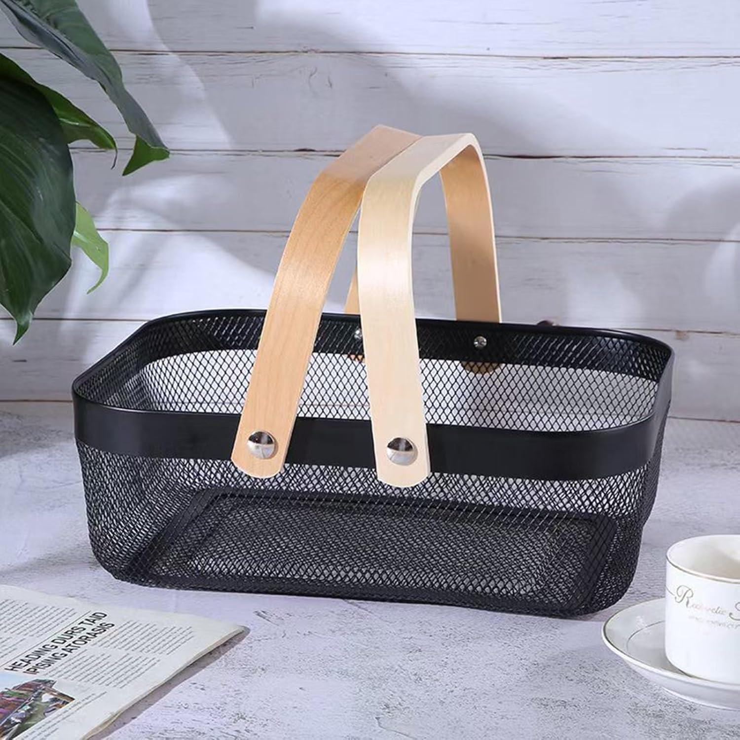 Cesta Organizadora de Metal AJIODA con Mango de Madera Negra 32x24.5x11 cm