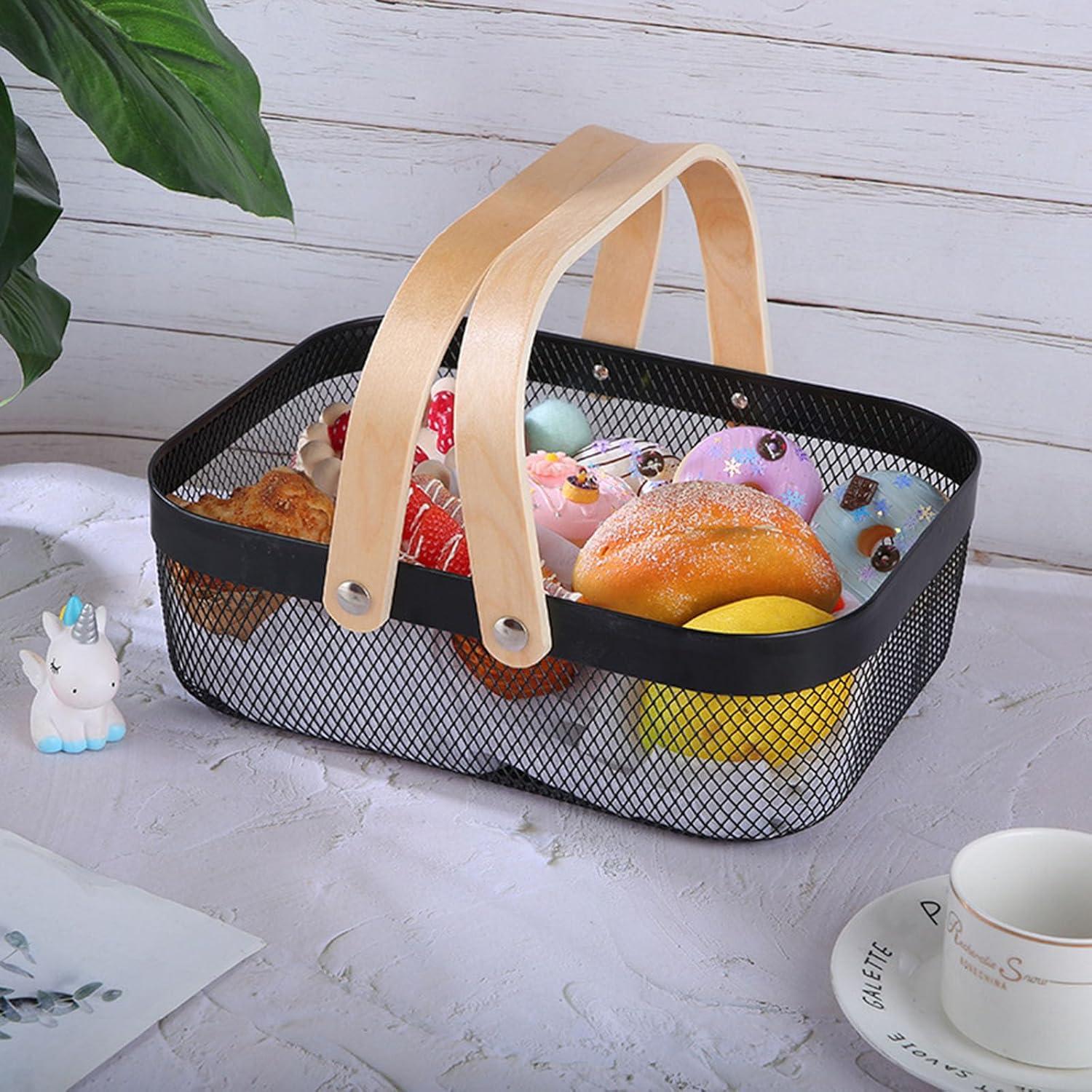 Cesta Organizadora de Metal AJIODA con Mango de Madera Negra 32x24.5x11 cm