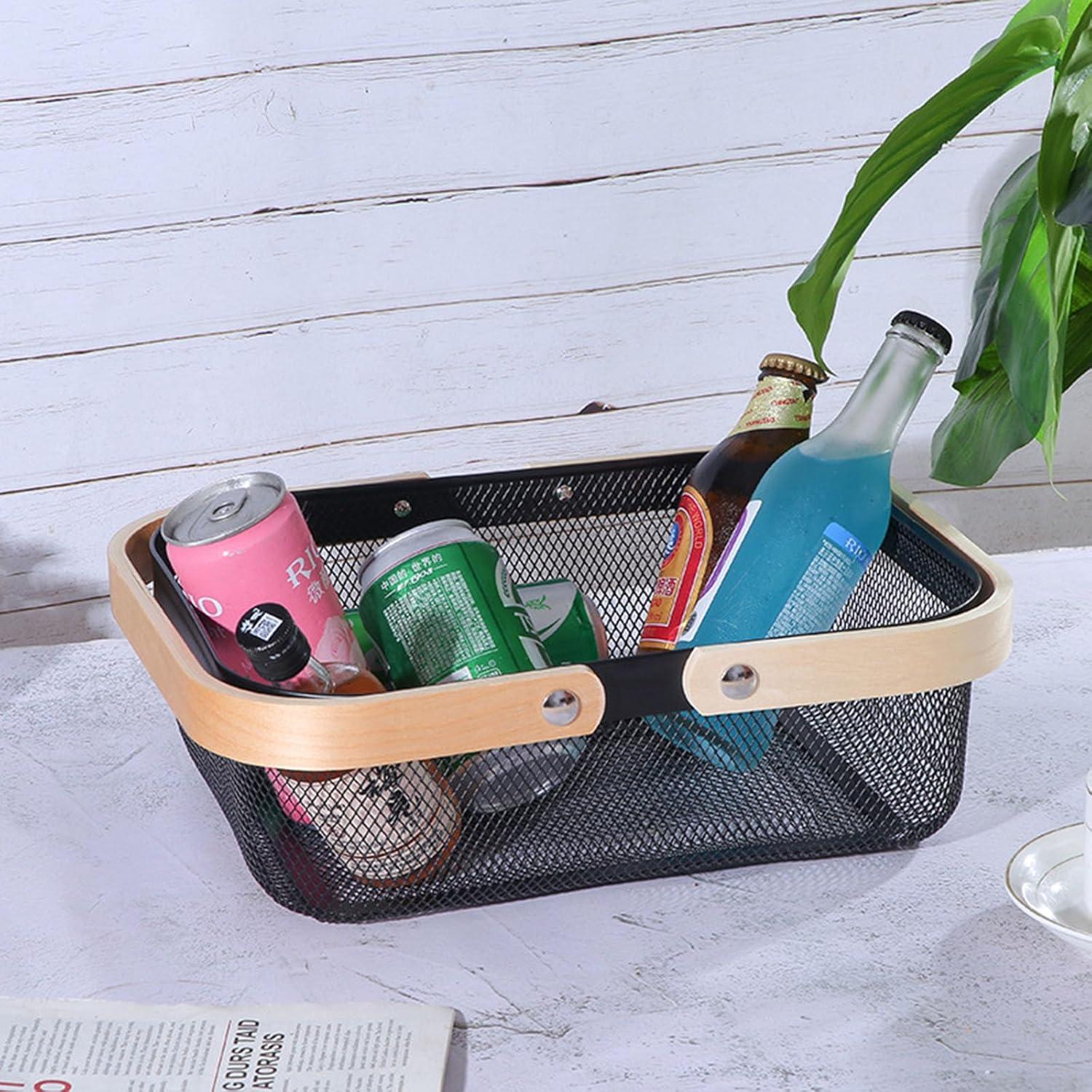 Cesta Organizadora de Metal AJIODA con Mango de Madera Negra 32x24.5x11 cm