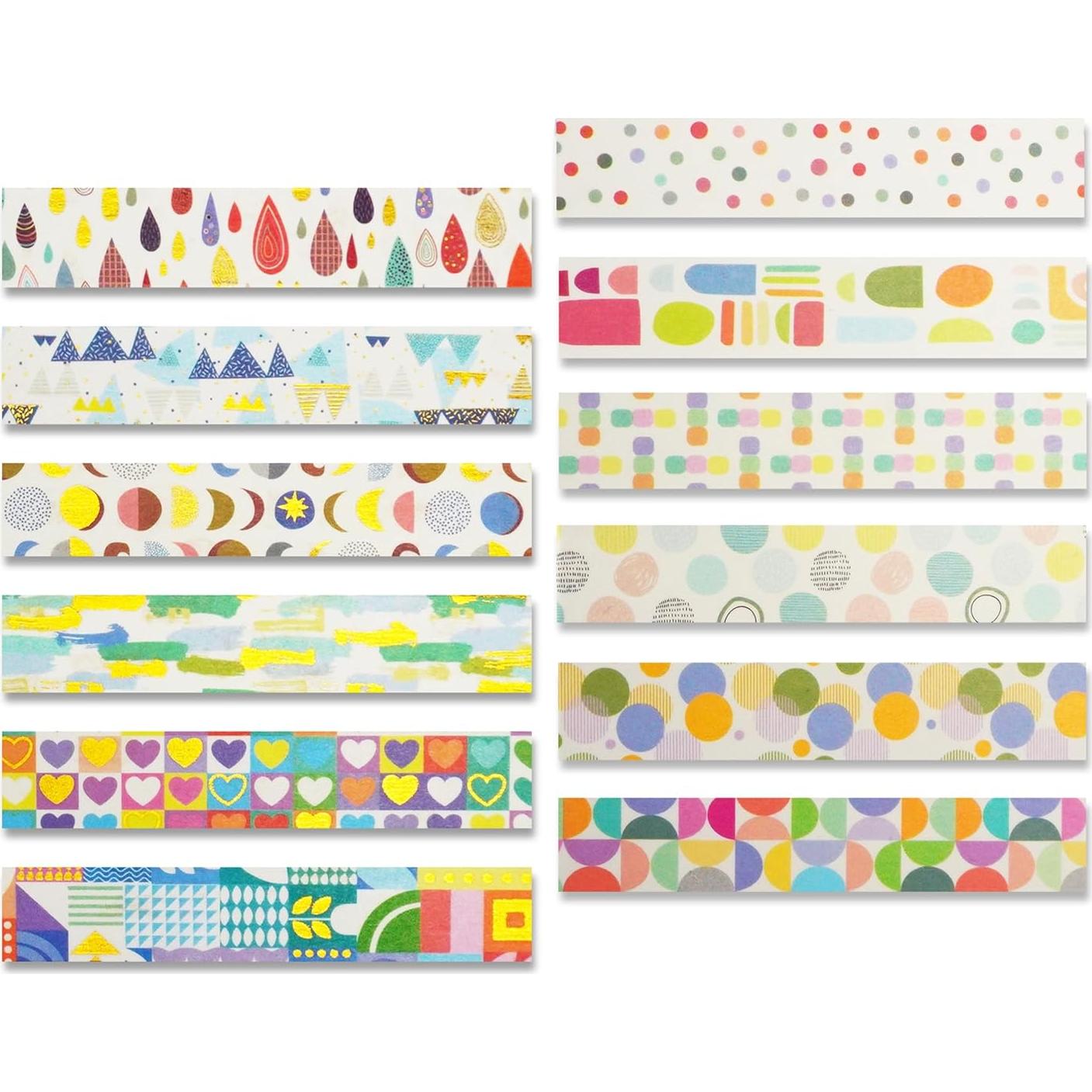 Conjunto de Cinta Washi YUBX 12 Rollos 15mm x 3m Patrones Básicos