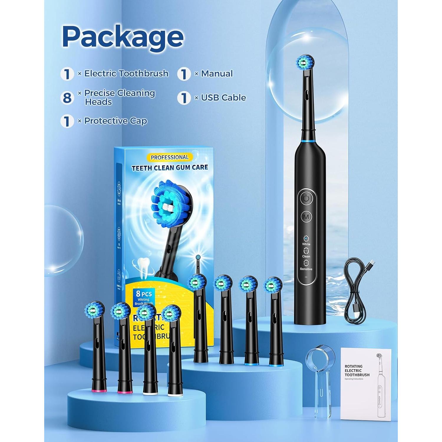 Cepillo de dientes eléctrico TEETHEORY con 8 cabezales y 3 modos