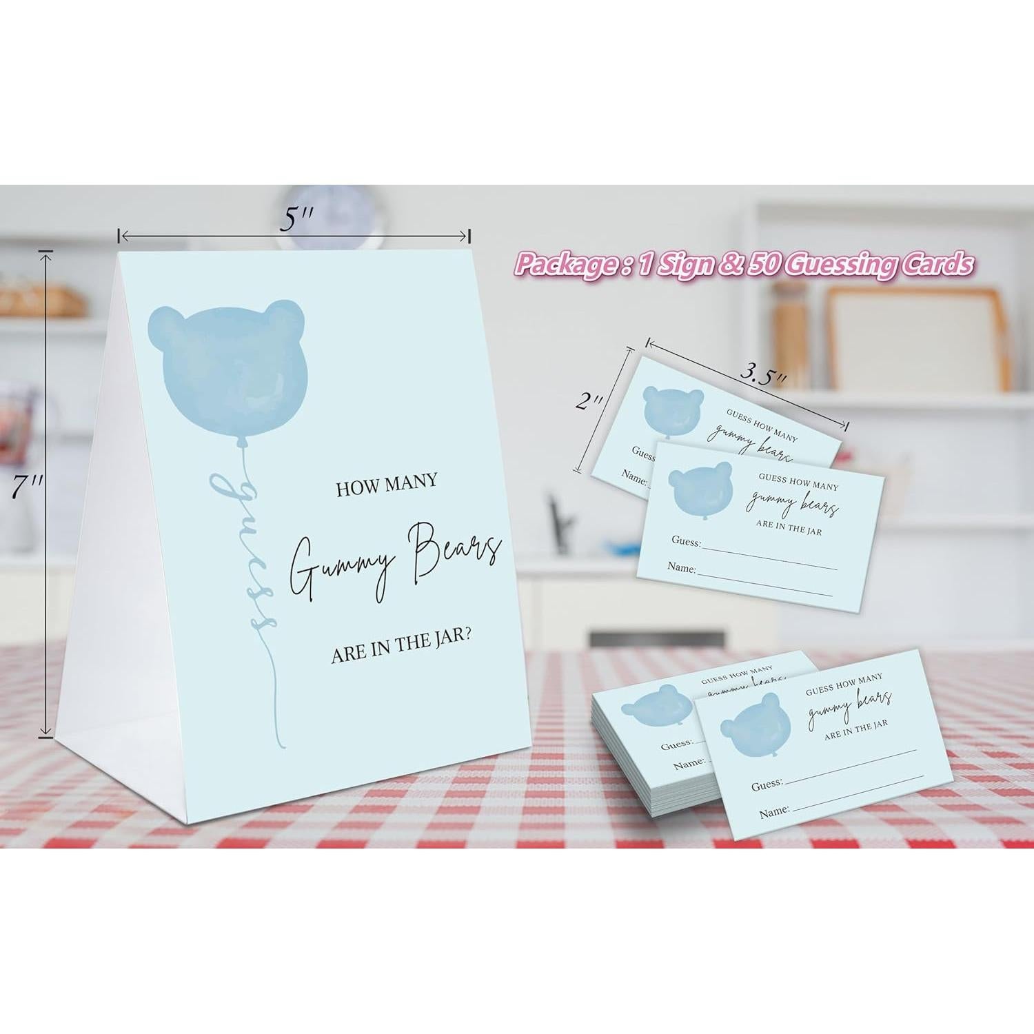 Juego de Adivinanza Ositos de Goma Baby Shower - 1 Cartel y 50 Tarjetas