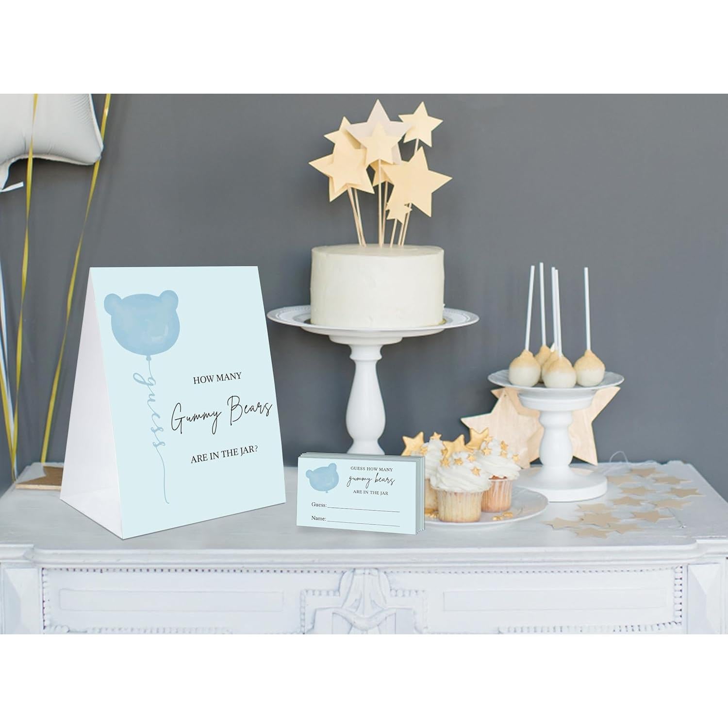 Juego de Adivinanza Ositos de Goma Baby Shower - 1 Cartel y 50 Tarjetas