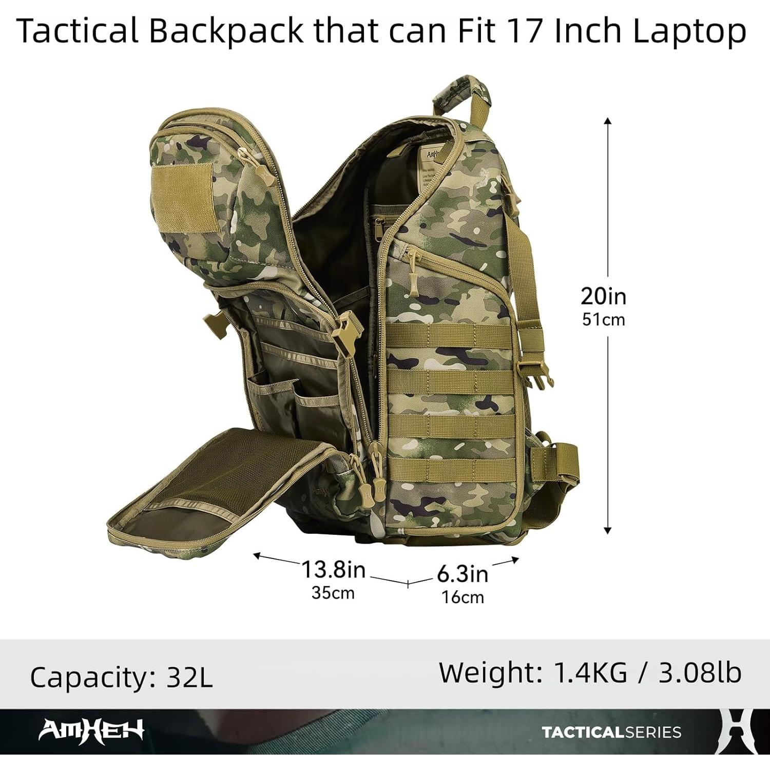 Mochila Táctica Militar AMHEH 32L Resistente para Portátil 17" Camo