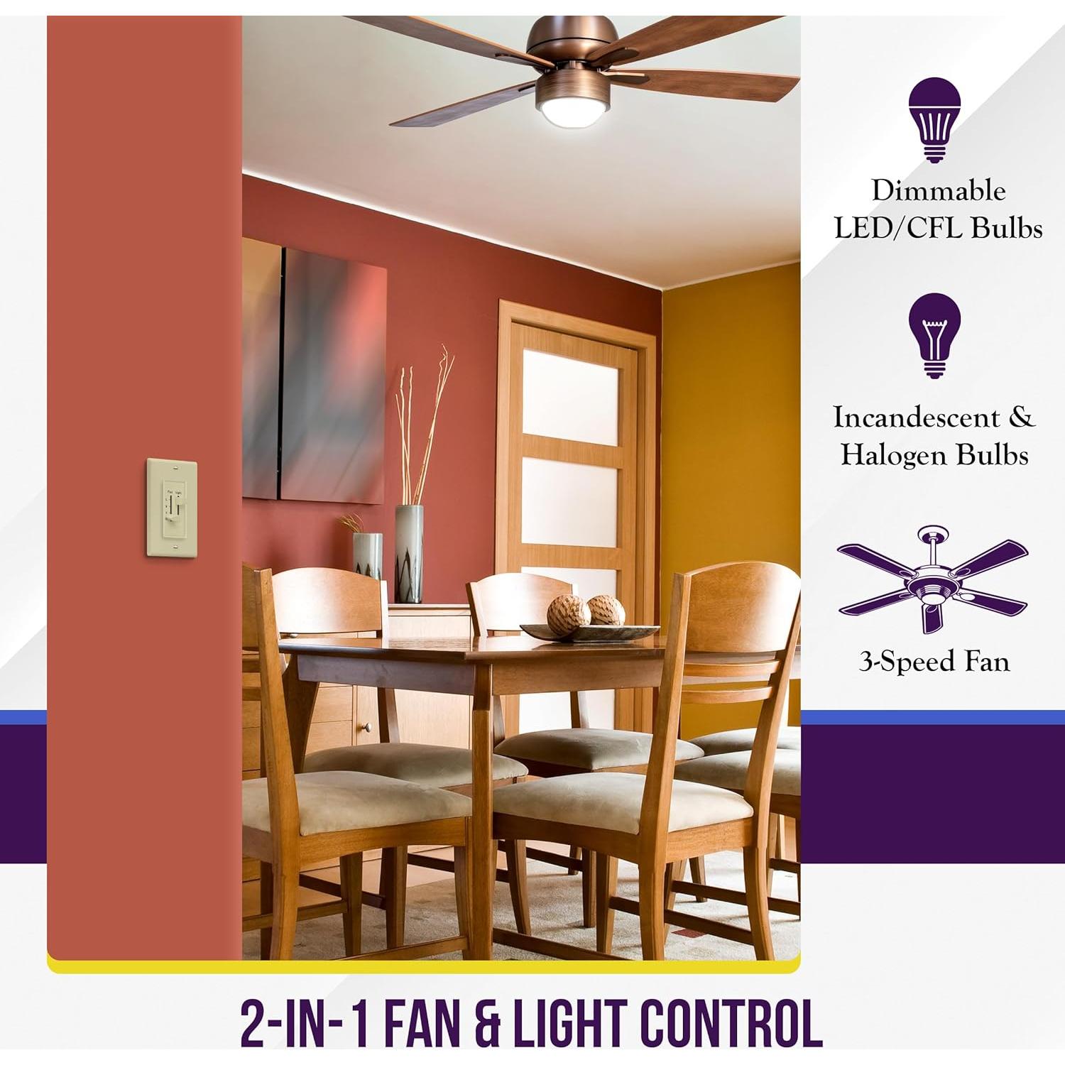 Interruptor de Luz y Ventilador ENERLITES 17001-F3 Marfil 3 Velocidades