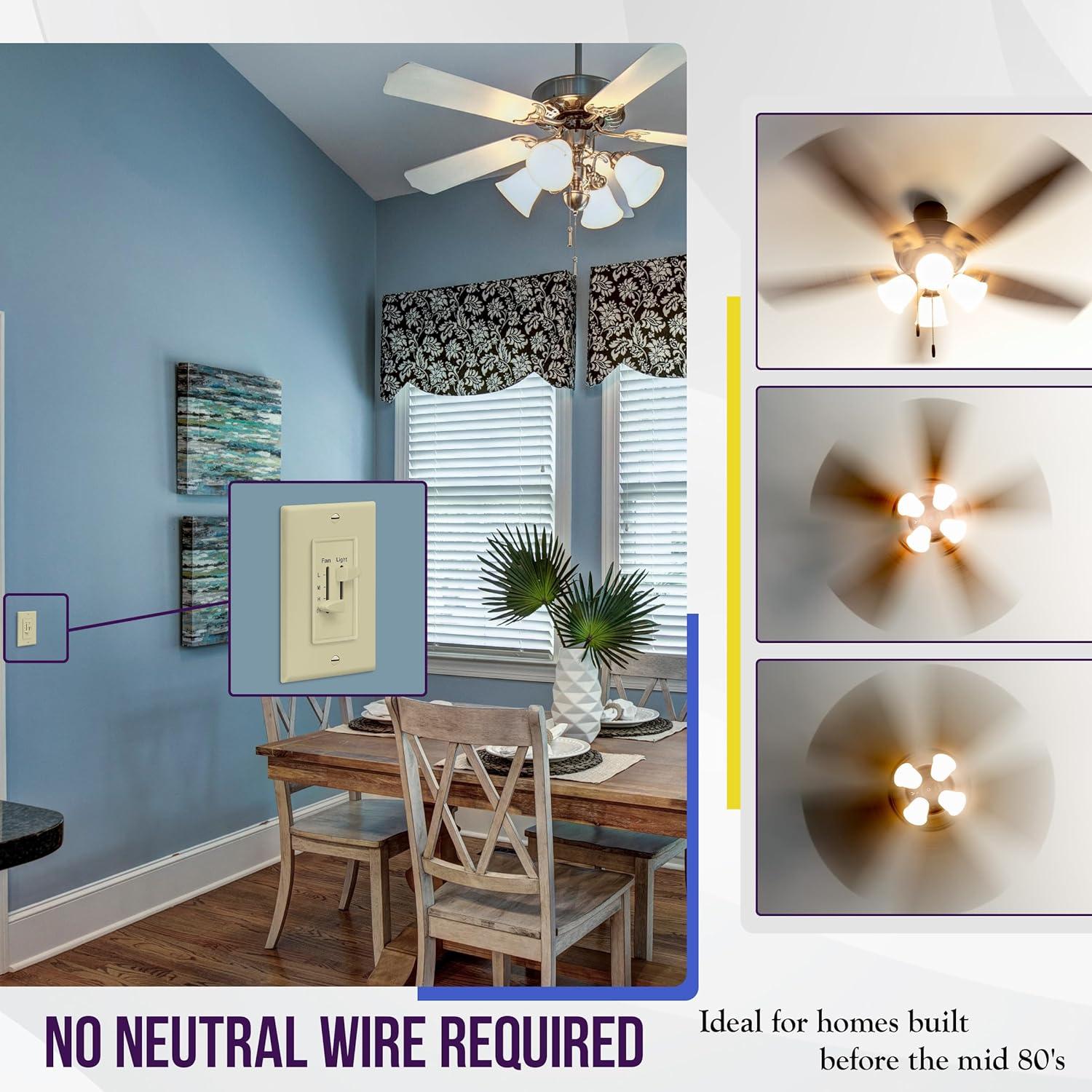 Interruptor de Luz y Ventilador ENERLITES 17001-F3 Marfil 3 Velocidades