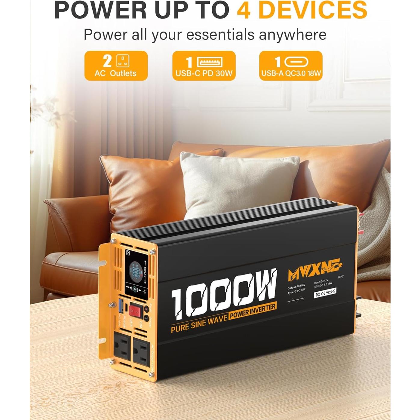 Inversor de Onda Sinusoidal Pura 1000W 12V MWXNE con USB