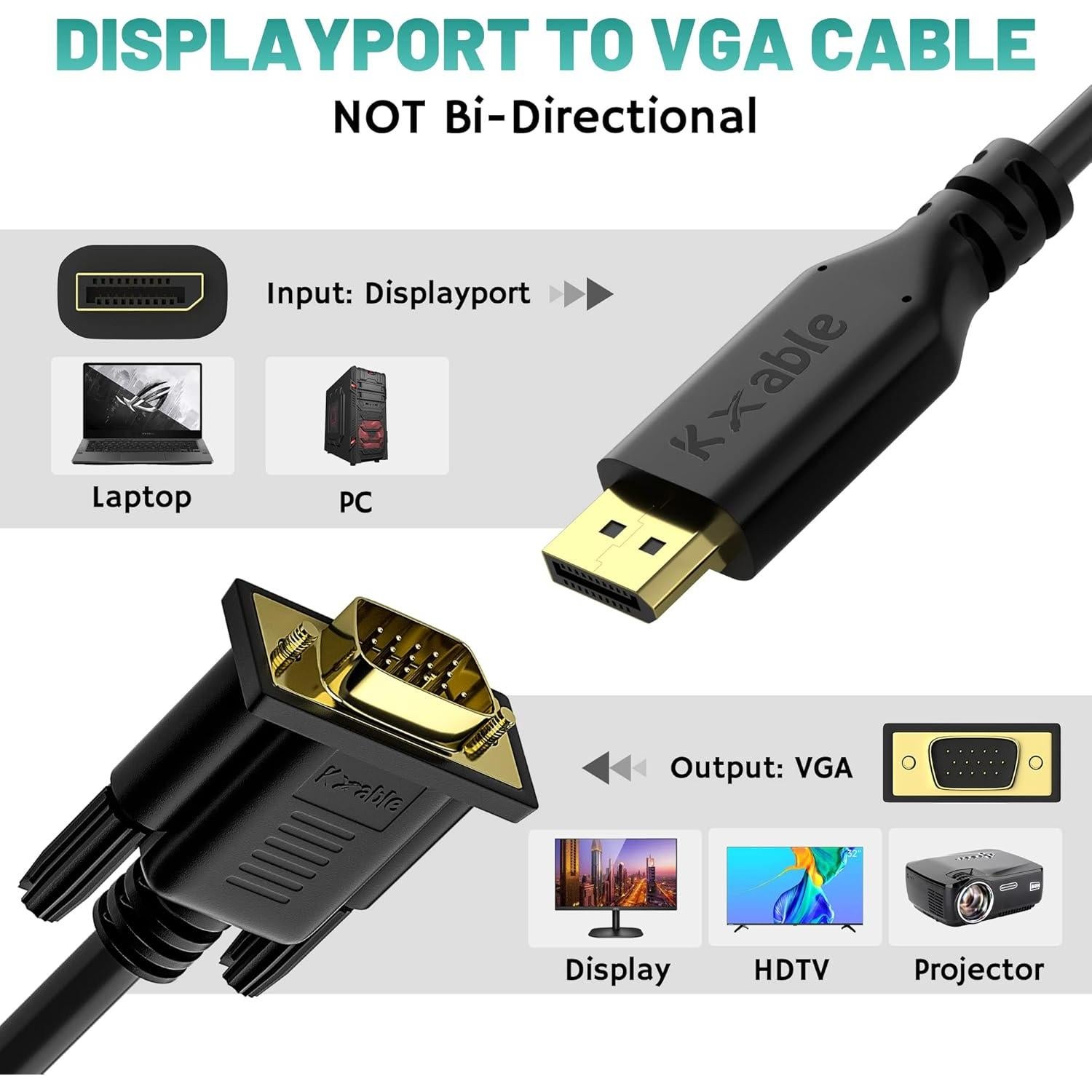 Cable DisplayPort a VGA Kxable 1.22m 1080P con Bridas