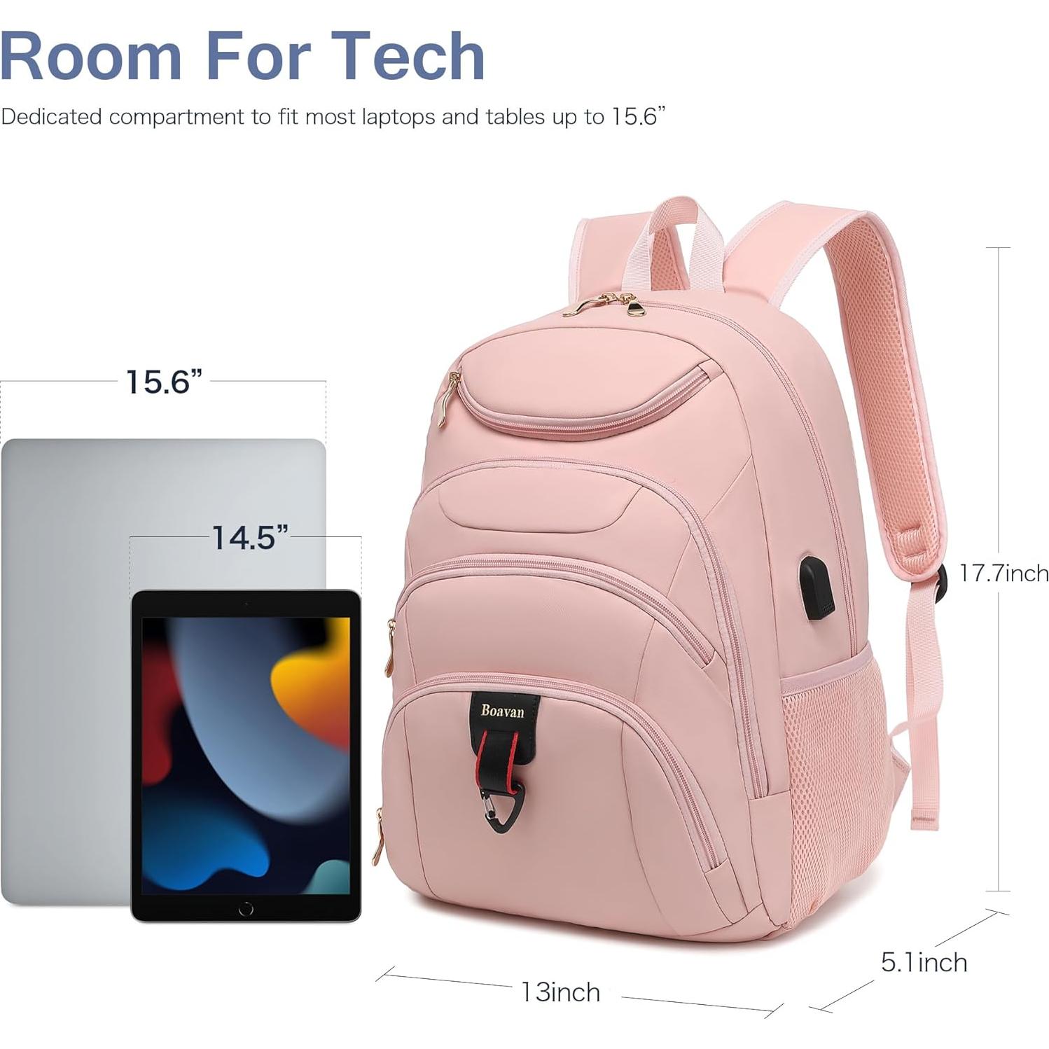 Mochila Boavan Rosa para Laptop 15.6" Impermeable USB