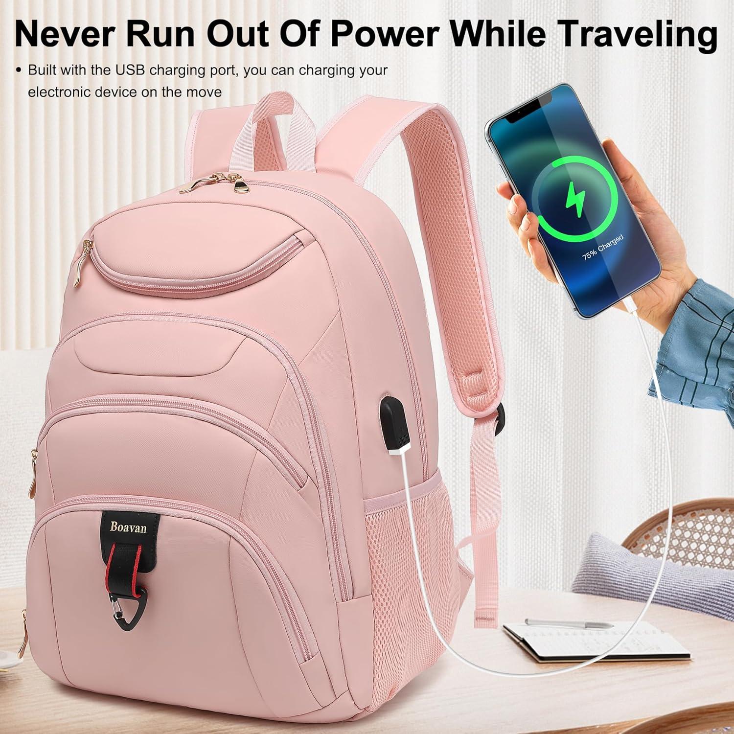 Mochila Boavan Rosa para Laptop 15.6" Impermeable USB