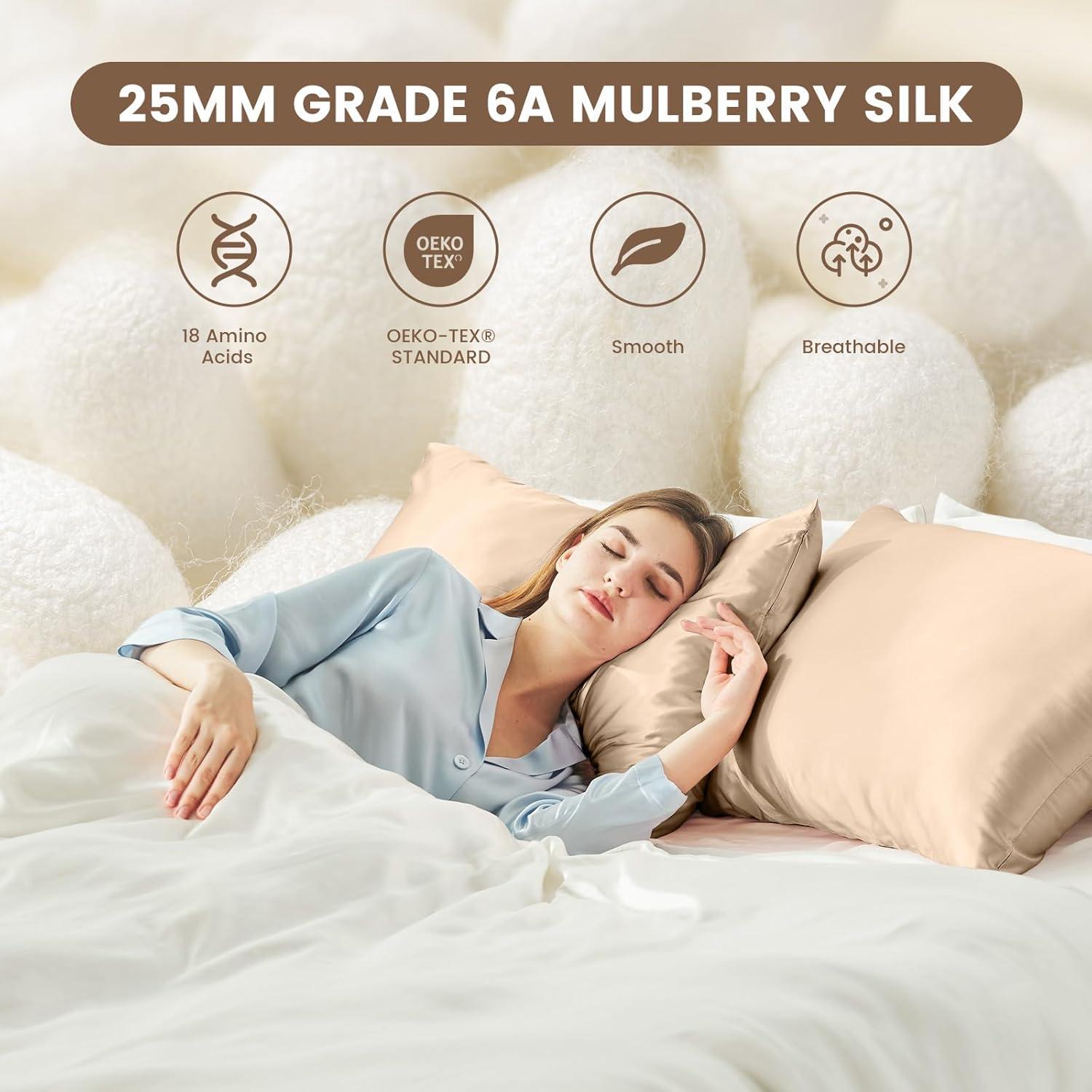 Funda de Almohada de Seda THXSILK 100% Morera 20x66cm Beige